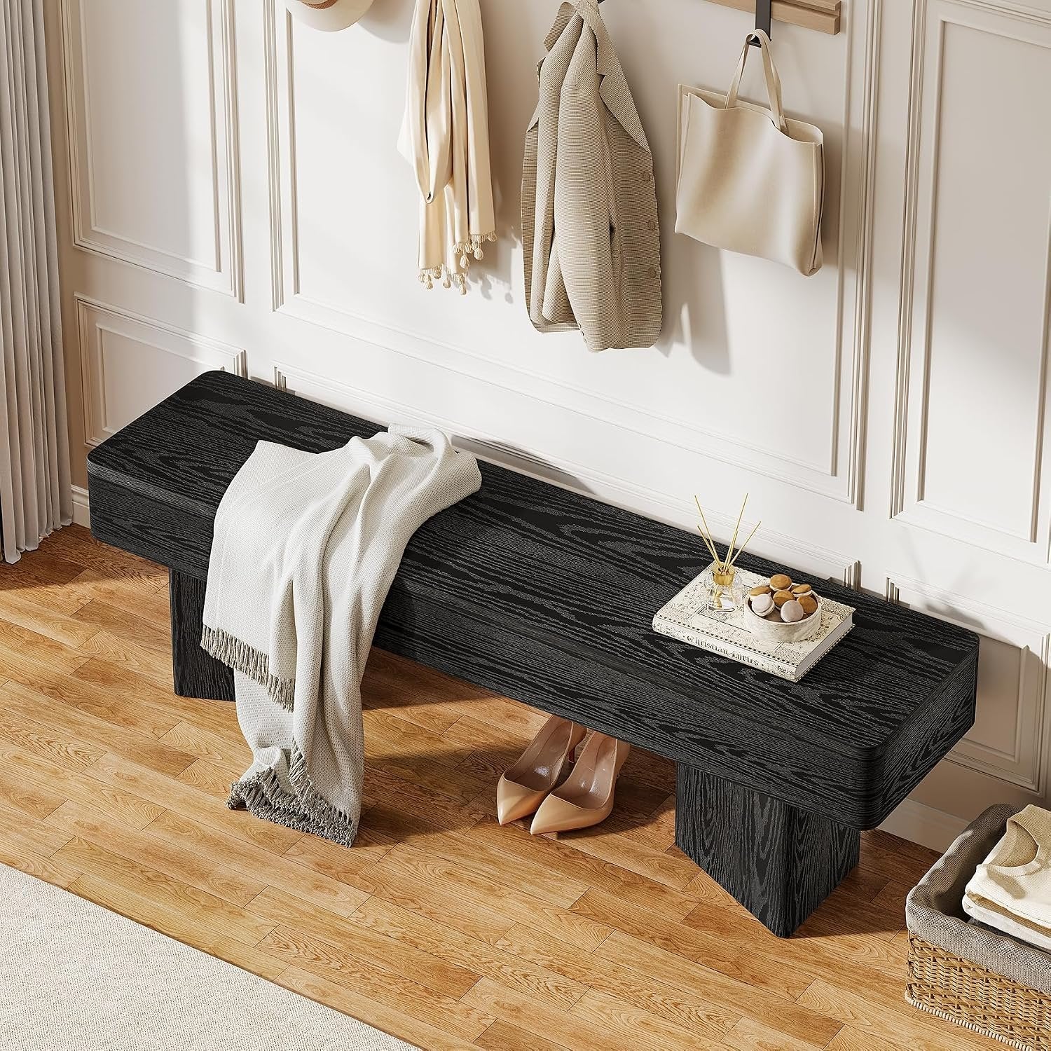 Tribesigns Banc d'entrée noir 120 cm, Banc moderne avec structure prismatique robuste, établi en bois