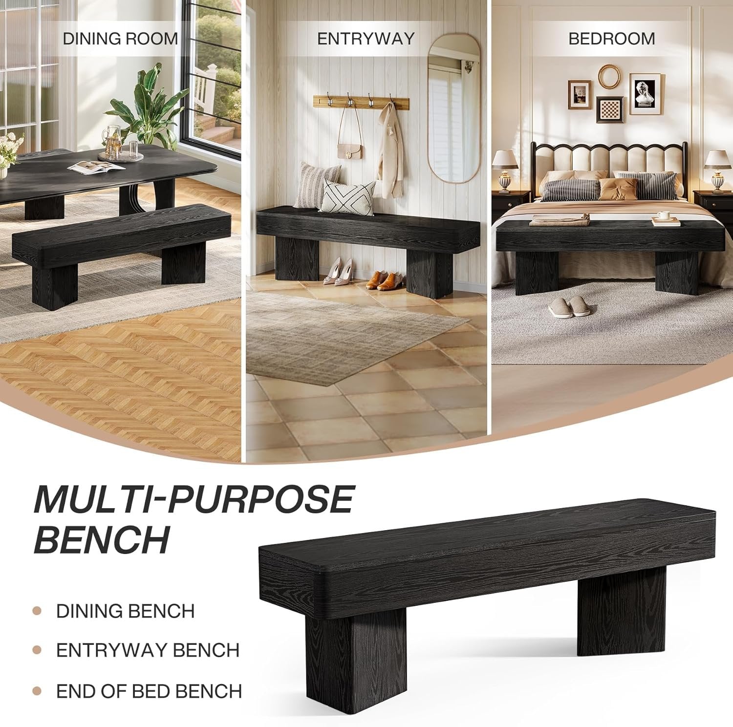 Tribesigns Banc d'entrée noir 120 cm, Banc moderne avec structure prismatique robuste, établi en bois