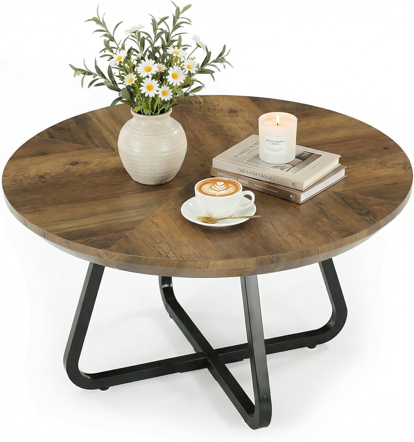 Tribesigns Table basse ronde 80 cm, Table basse moderne aspect bois, table d'appoint industrielle avec pieds en métal, gain de place