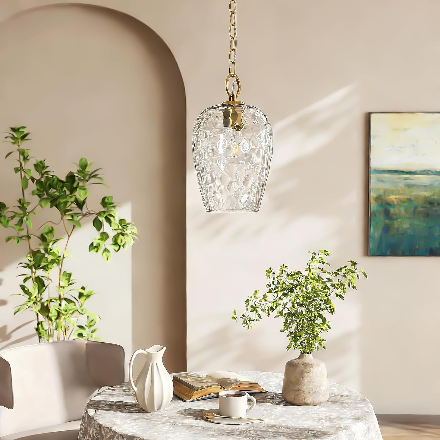 Tribesigns Suspension avec abat-jour en verre martelé, Hauteur réglable jusqu'à 152 cm, diamètre 22 cm, intensité variable, lampe de table à manger, douille E27
