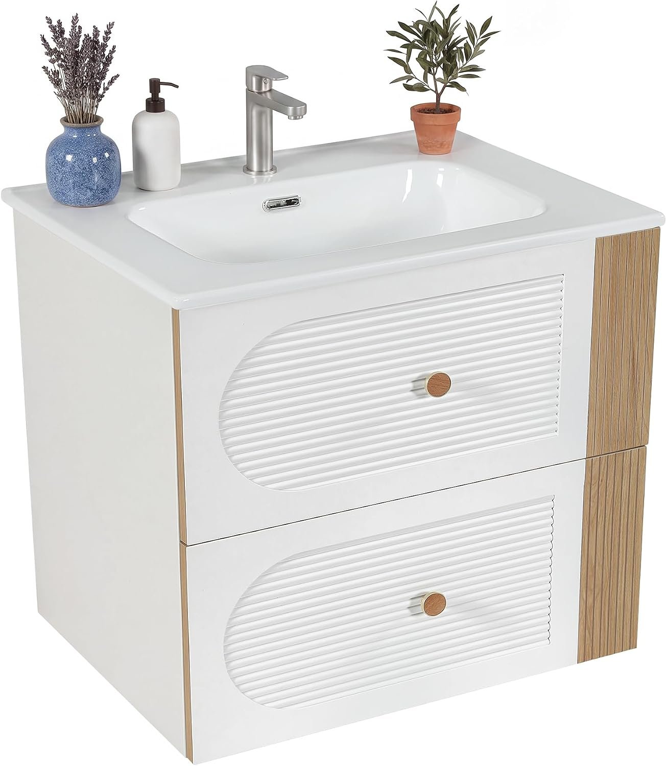 Tribesigns Meuble vasque avec lavabo en céramique 60 cm, Blanc Fixation murale, 2 tiroirs, aspect chêne clair