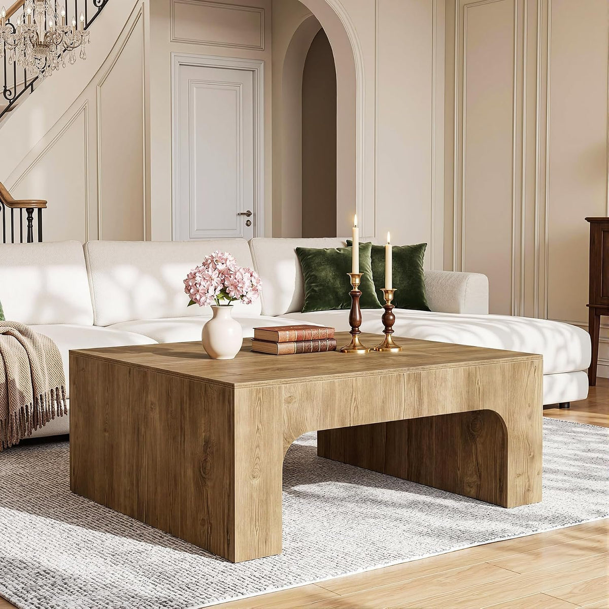 Tribesigns Table basse carrée de 100 cm, Grande table de salon style champêtre au design incurvé