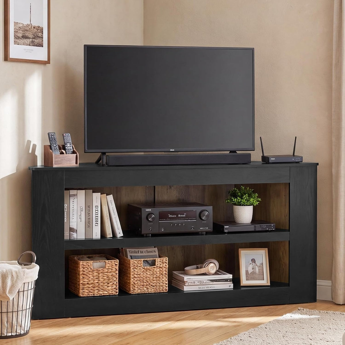 Tribesigns Meuble TV d'angle à 2 niveaux, Meuble TV trapézoïdal