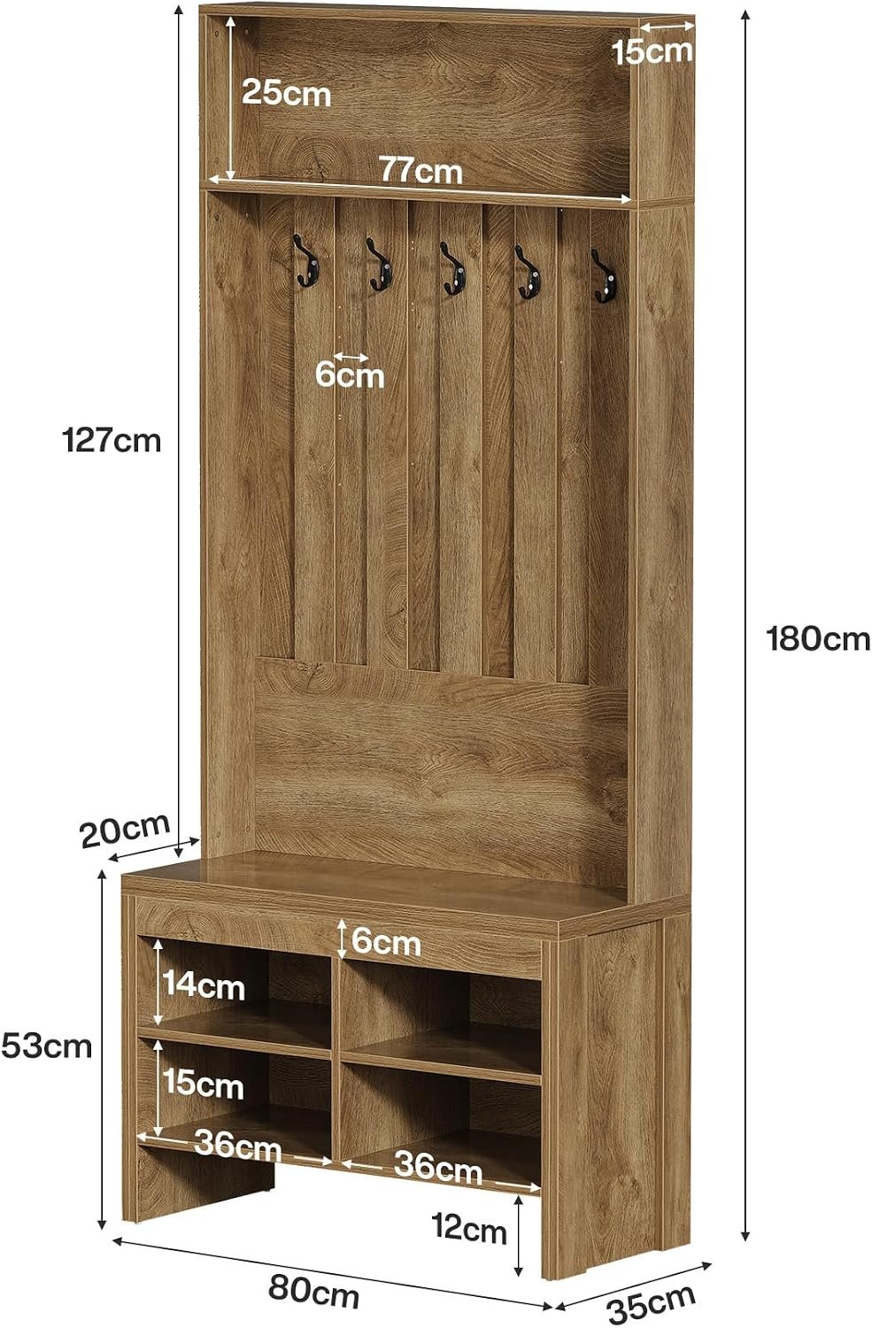 Tribesigns Armoire design avec banc, Rangement d'entrée ouvert et fermé avec 5 crochets Compartiments à chaussures et étagère