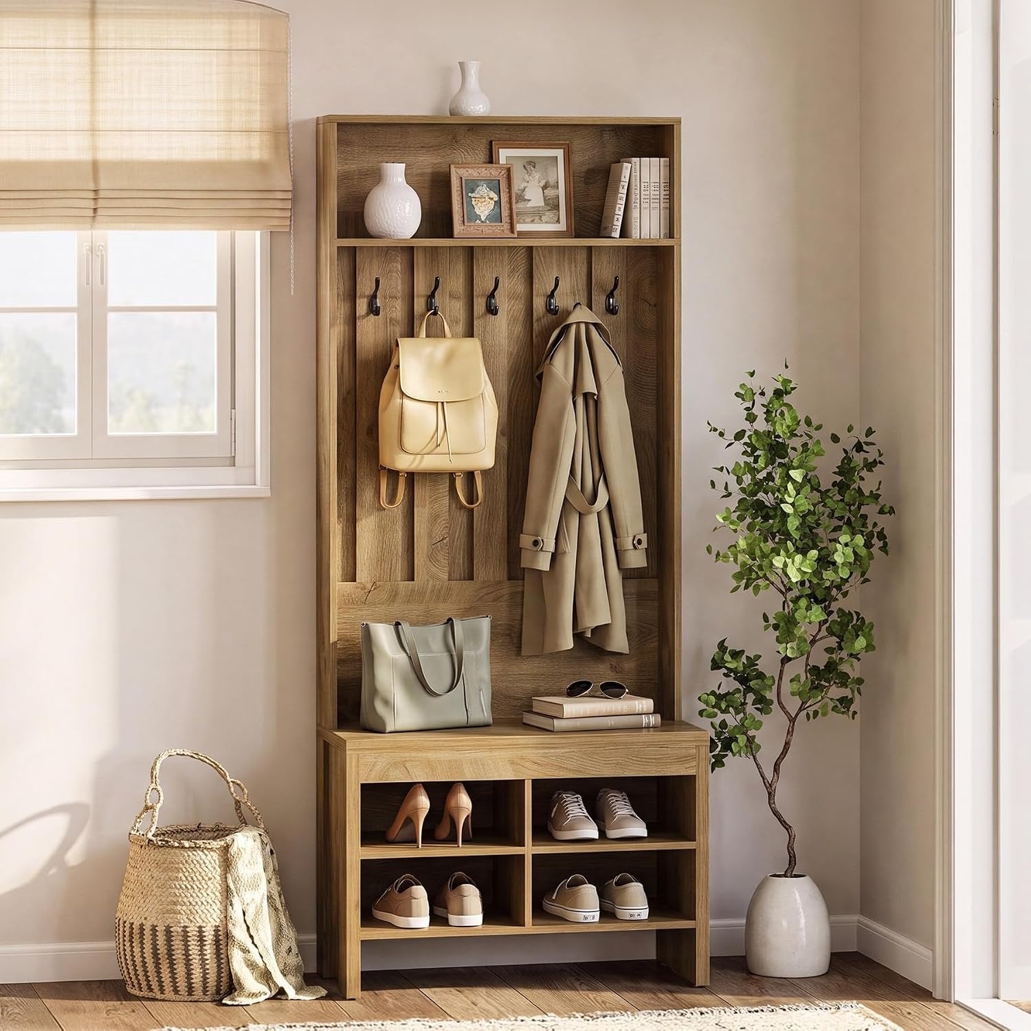 Tribesigns Armoire design avec banc, Rangement d'entrée ouvert et fermé avec 5 crochets Compartiments à chaussures et étagère