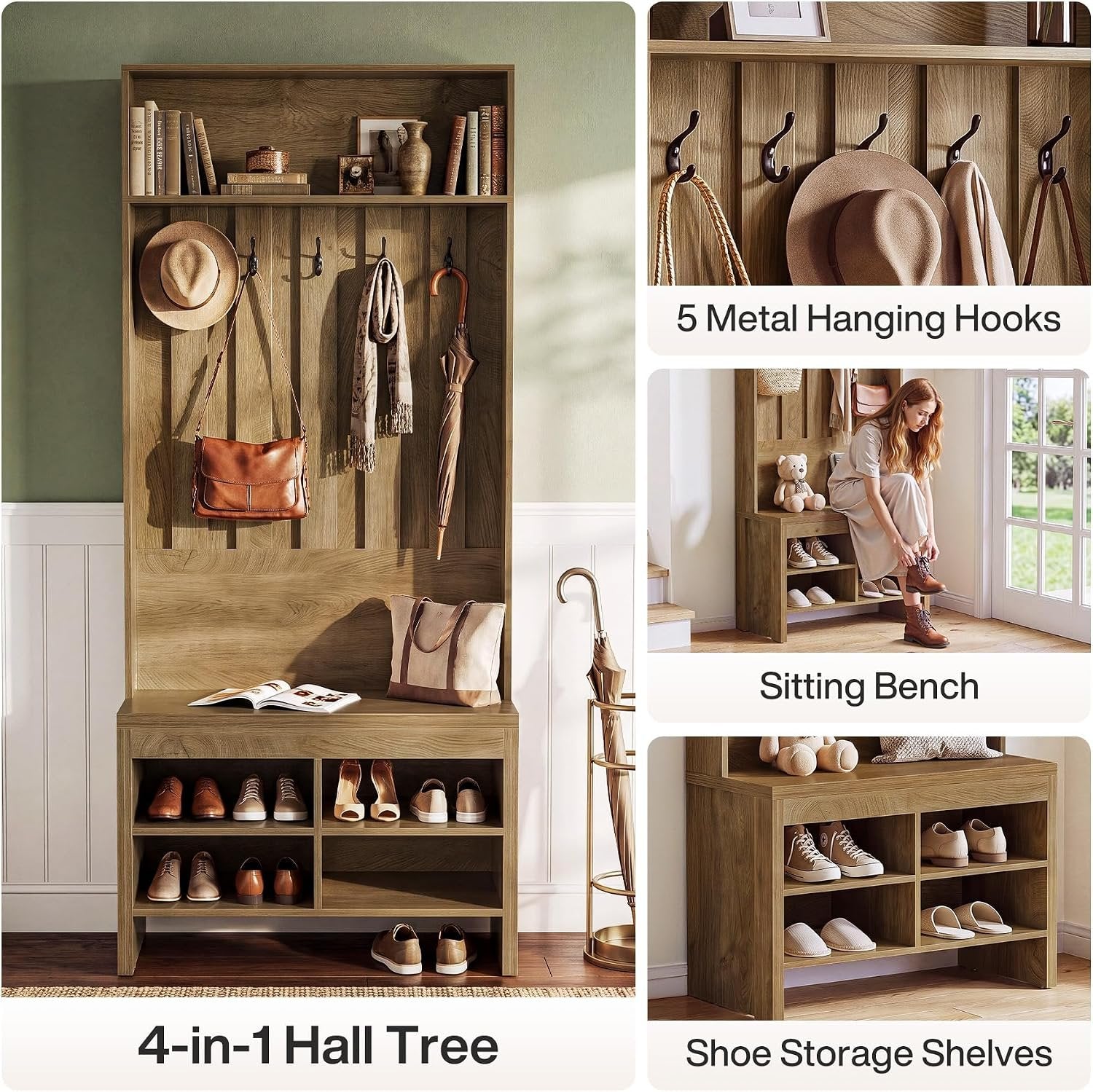 Tribesigns Armoire design avec banc, Rangement d'entrée ouvert et fermé avec 5 crochets Compartiments à chaussures et étagère