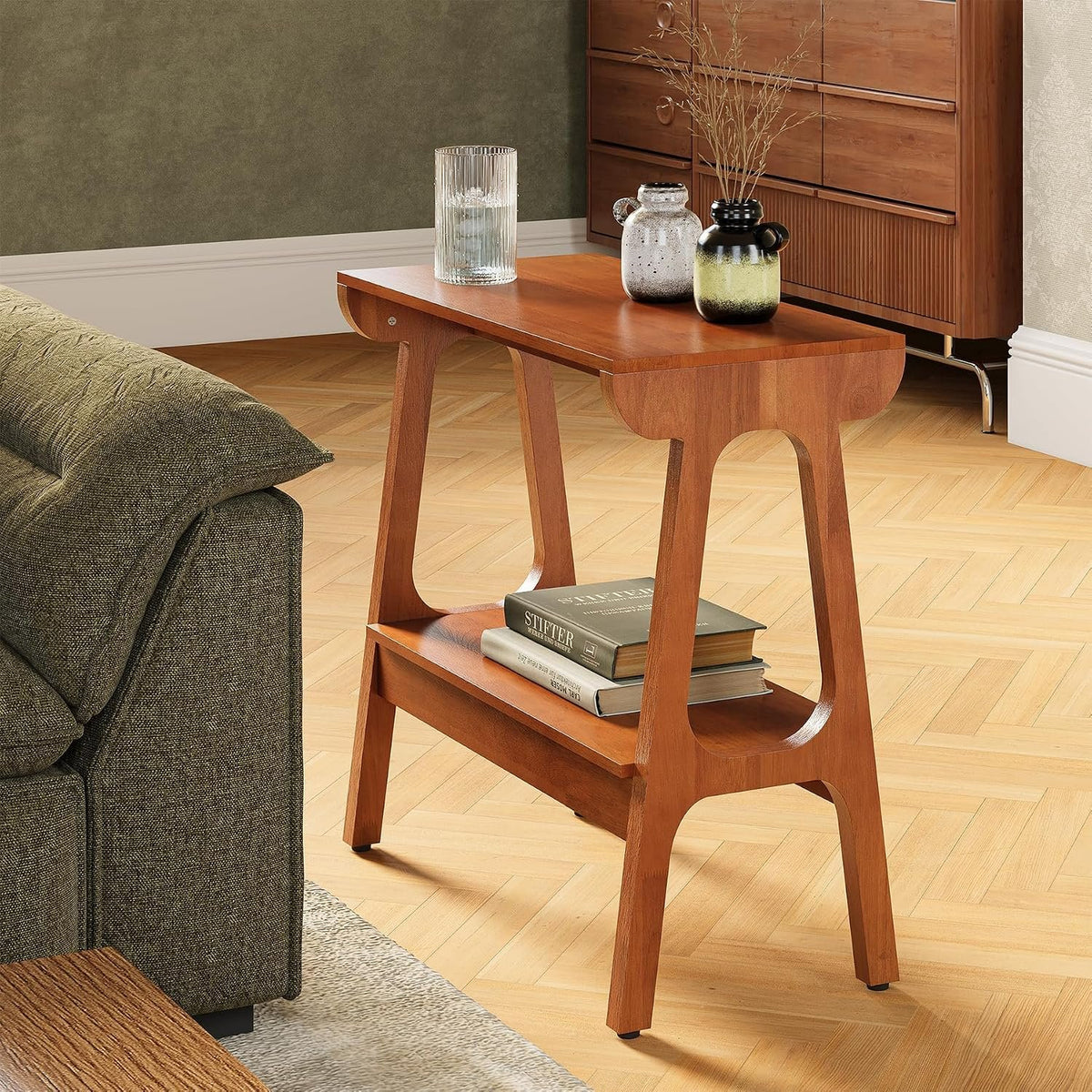 Table d'appoint en bois massif à 2 niveaux Table de chevet élancée en bois d'hévéa pour salon, chambre ou entrée