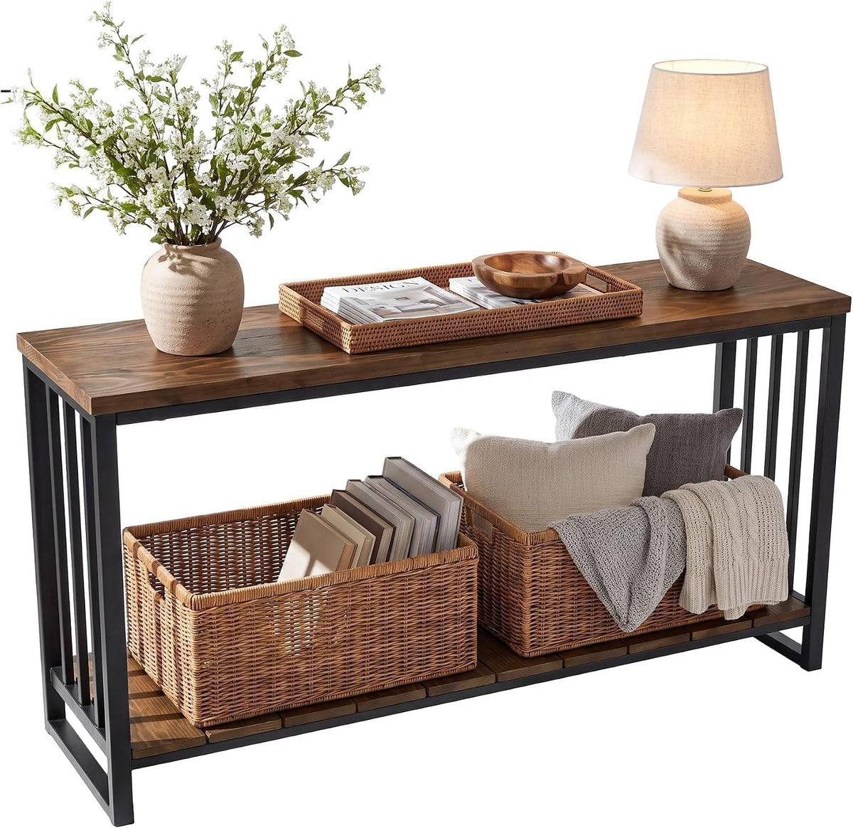Tribesigns Table console en bois massif (140 cm), Table d'entrée étroite de style champêtre avec étagère