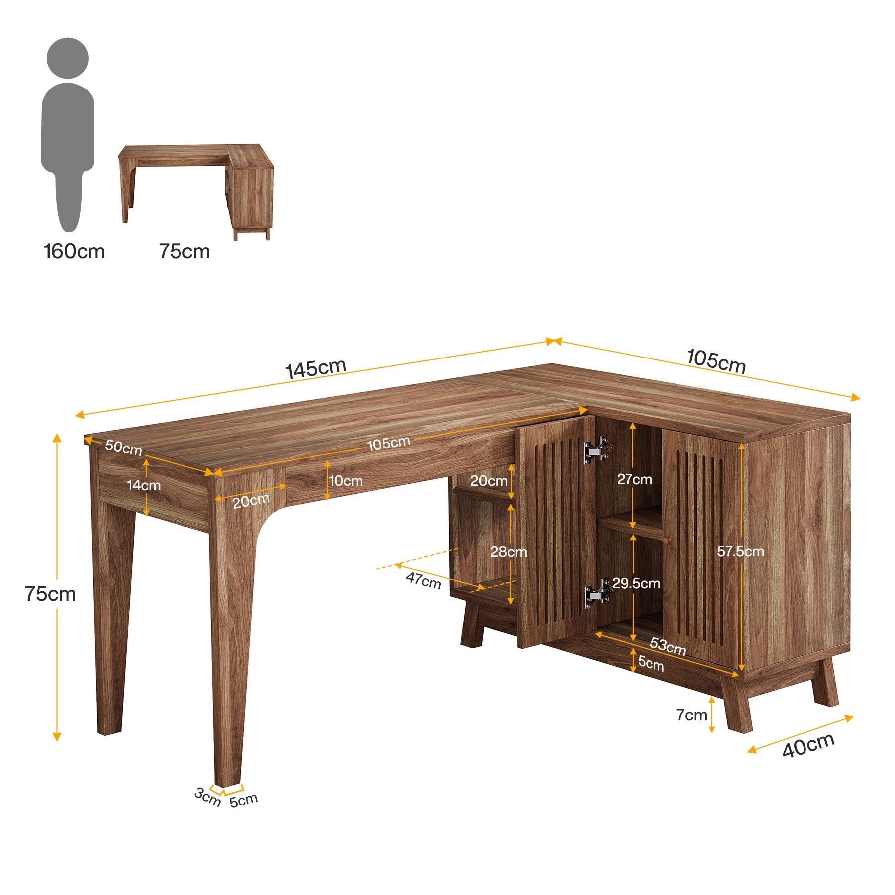 L-Form Schreibtisch - 145 cm Eckschreibtisch mit Schrank in Nussbaum