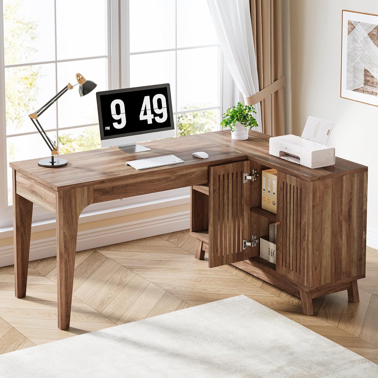 L-Form Schreibtisch - 145 cm Eckschreibtisch mit Schrank in Nussbaum