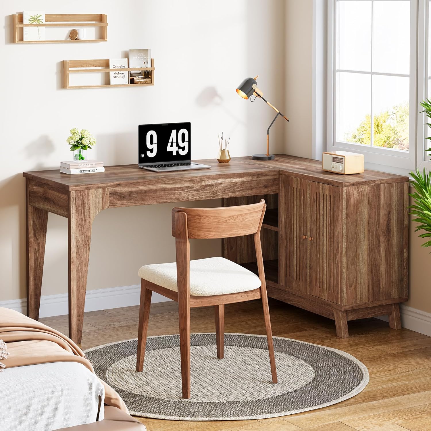 L-Form Schreibtisch - 145 cm Eckschreibtisch mit Schrank in Nussbaum