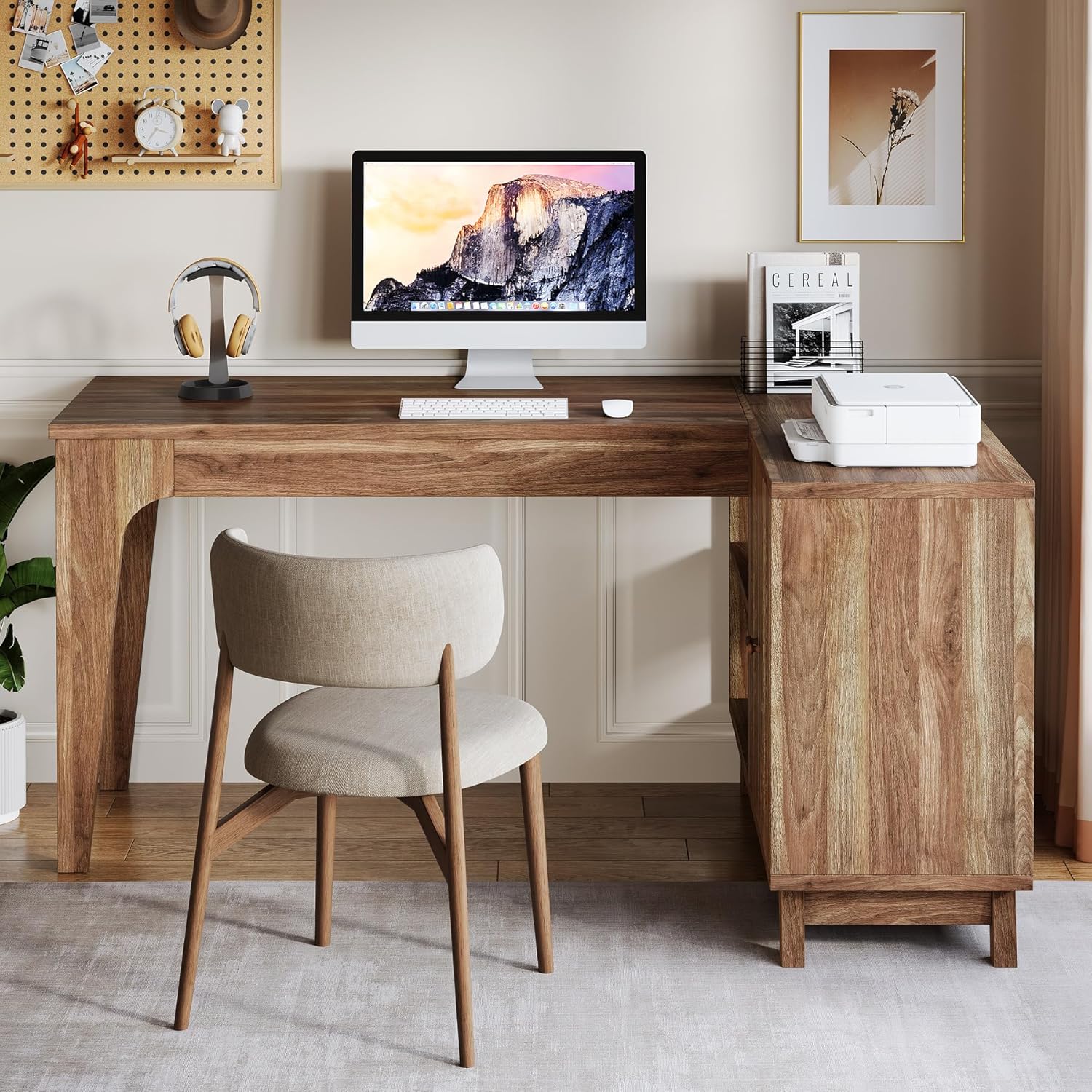 L-Form Schreibtisch - 145 cm Eckschreibtisch mit Schrank in Nussbaum