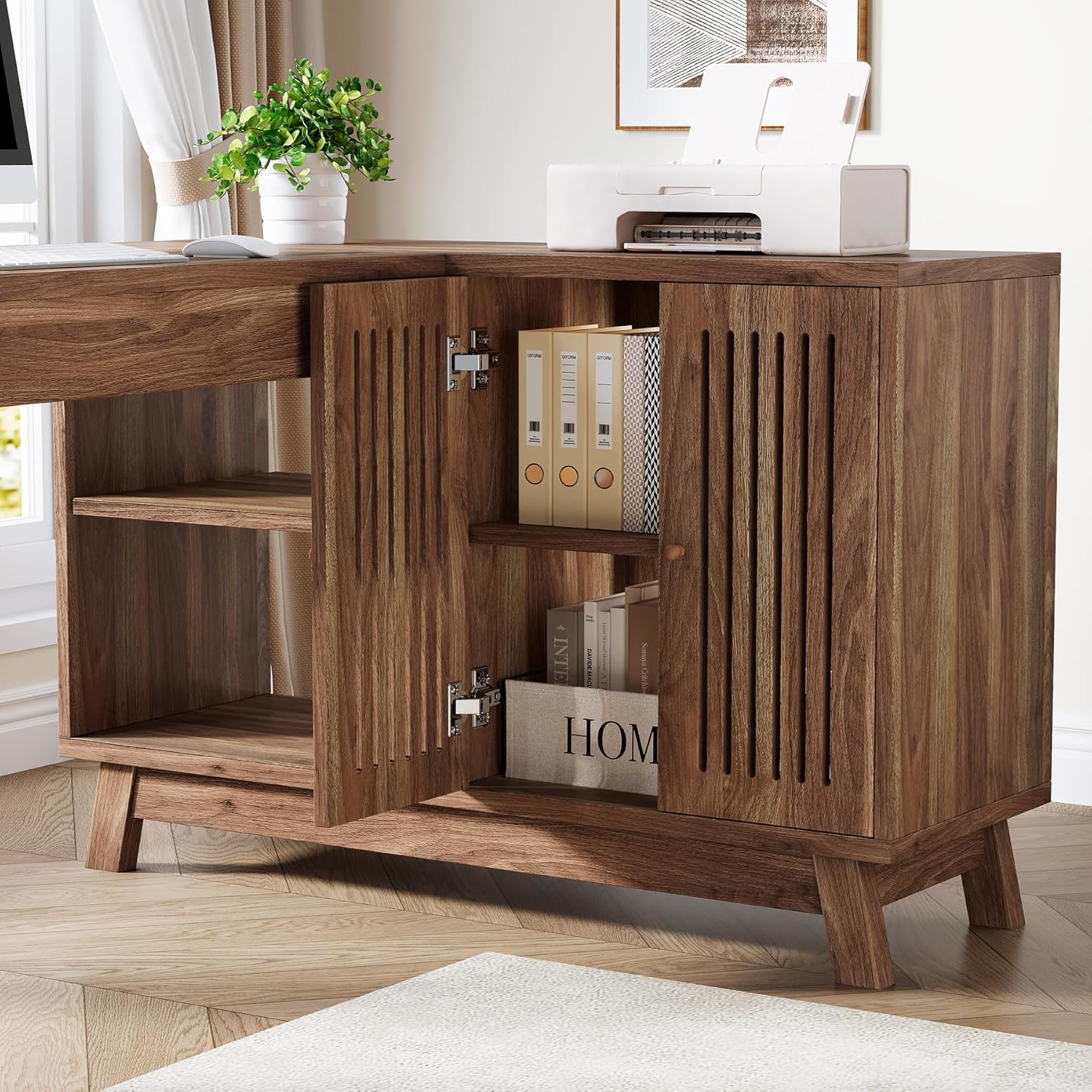 L-Form Schreibtisch - 145 cm Eckschreibtisch mit Schrank in Nussbaum