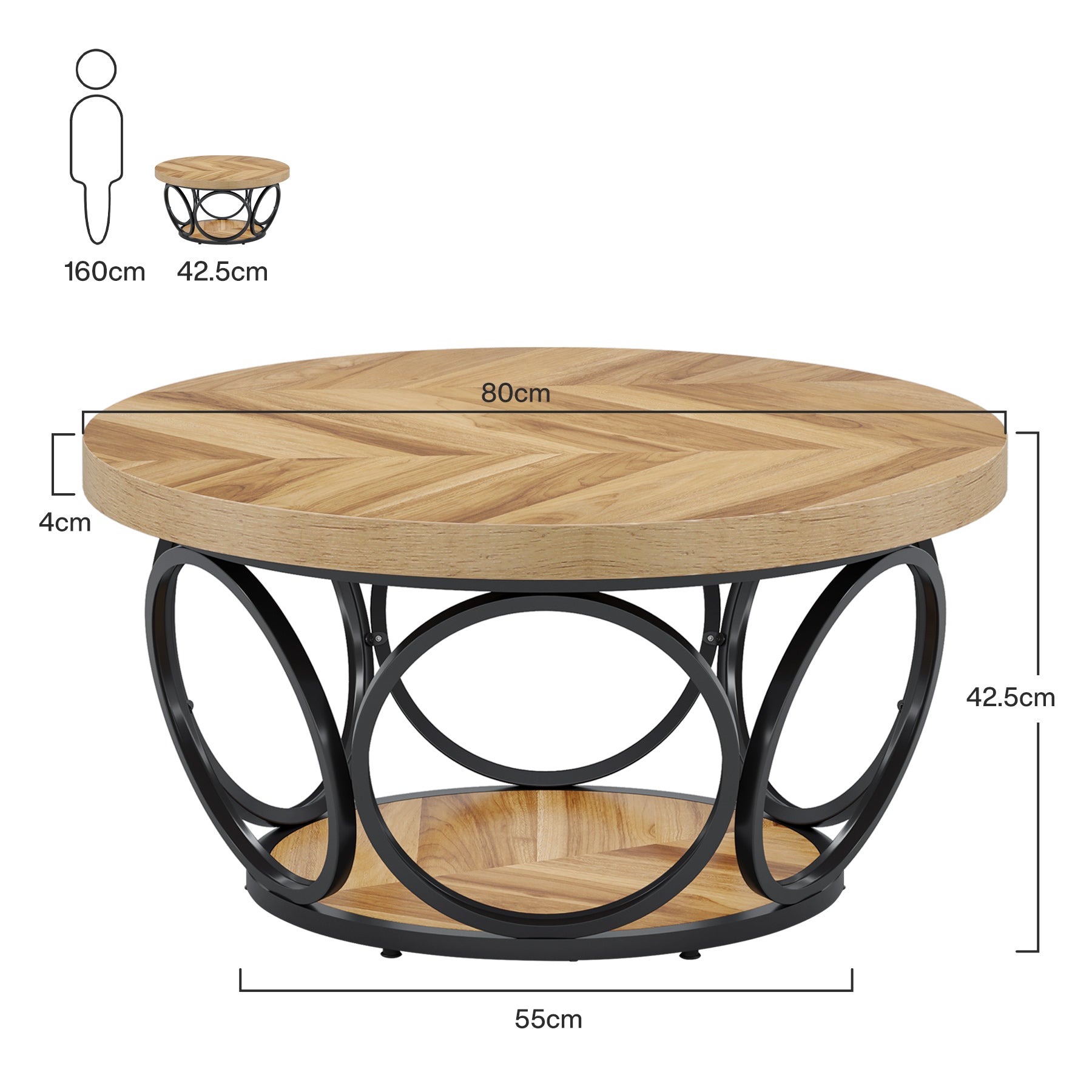 Tribesigns Table basse, Table centrale ronde avec 2 étagères de rangement