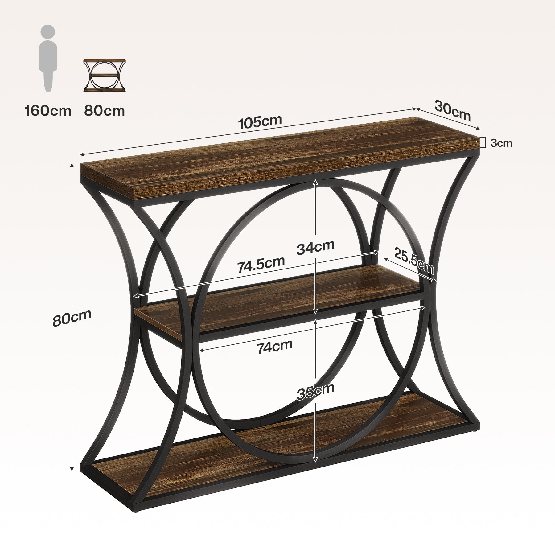 Tribesigns Console industrielle de 105 cm, Table d'appoint à 3 niveaux avec structure arquée
