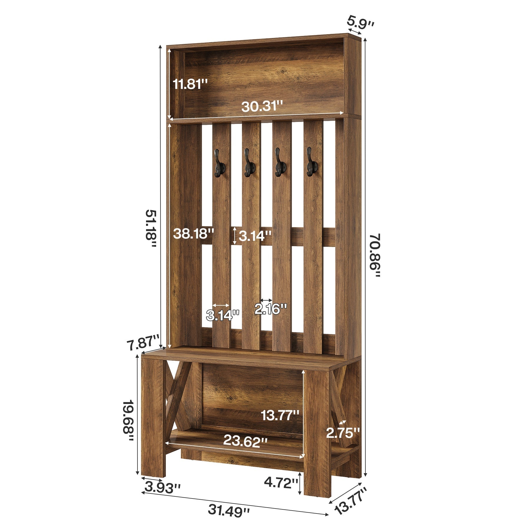 Meuble d'entrée de 180 cm avec banc et rangement à chaussures, Porte-manteau étroit avec crochets pour entrée et couloir