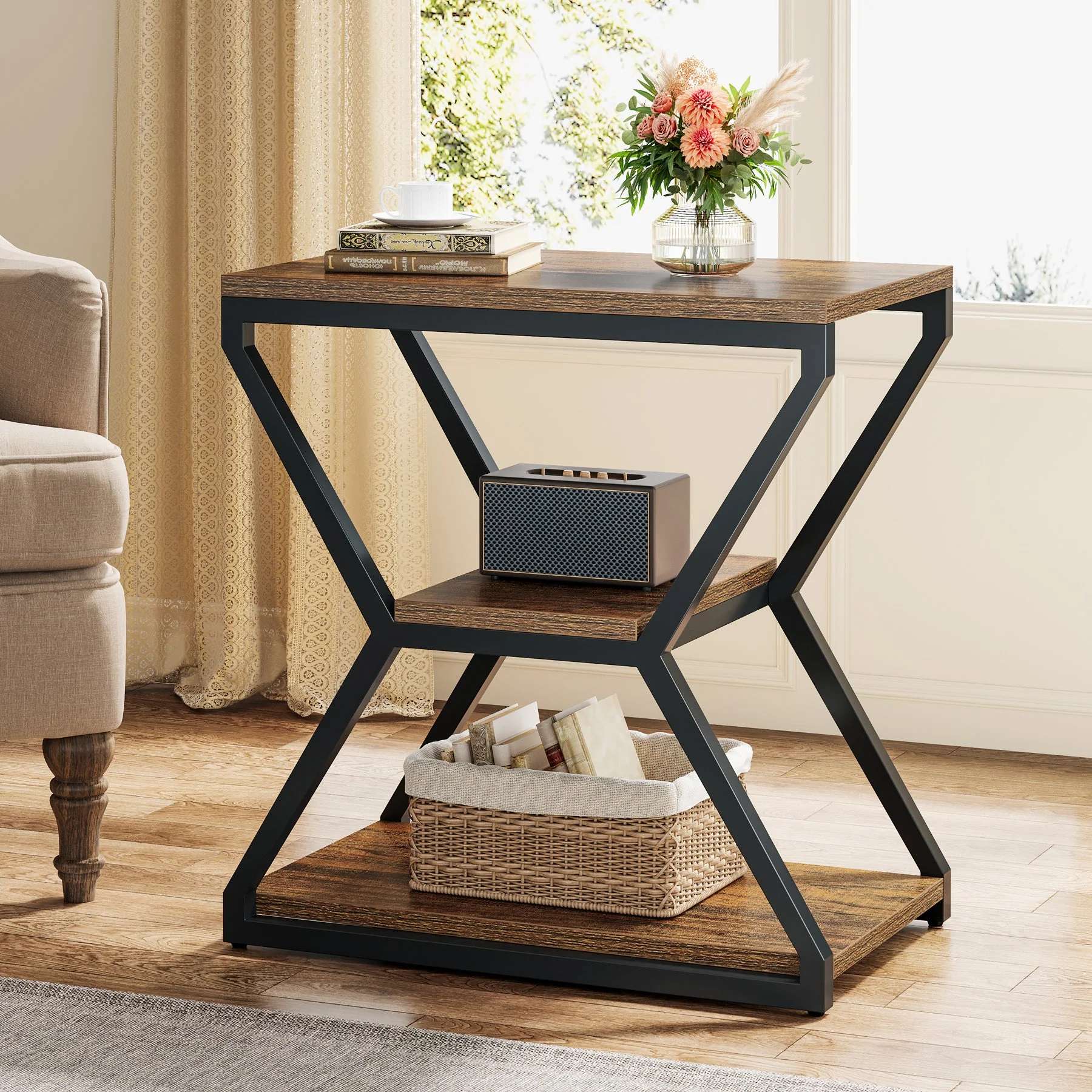 Table D'appoint 3 Niveaux Style Industriel - 60x30x60 Cm, Cadre Métal Et Panneaux Bois, Rangement Pour Salon/chambre (montage Facile)