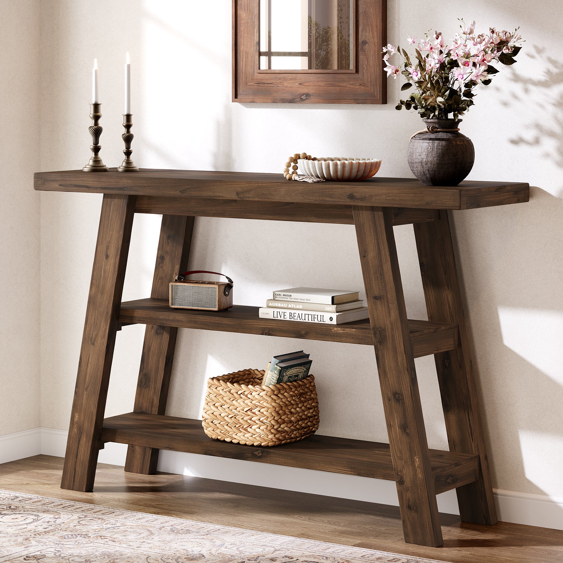 Tribesigns Table console en bois massif de 120 cm de long avec étagères à 3 niveaux