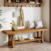 Banc en bois massif de 140 cm, Long banc en bois de style campagnard avec rangement 3