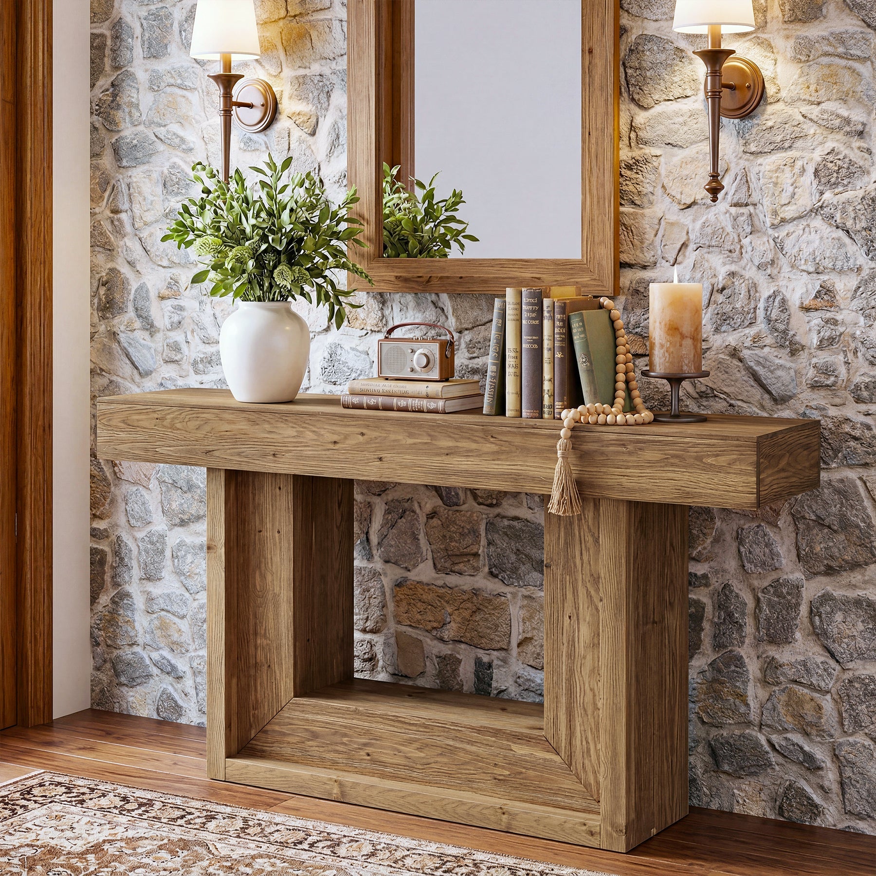 TribesignsConsole étroite en bois massif de 160 cm, Style campagne avec piètement en U et étagère
