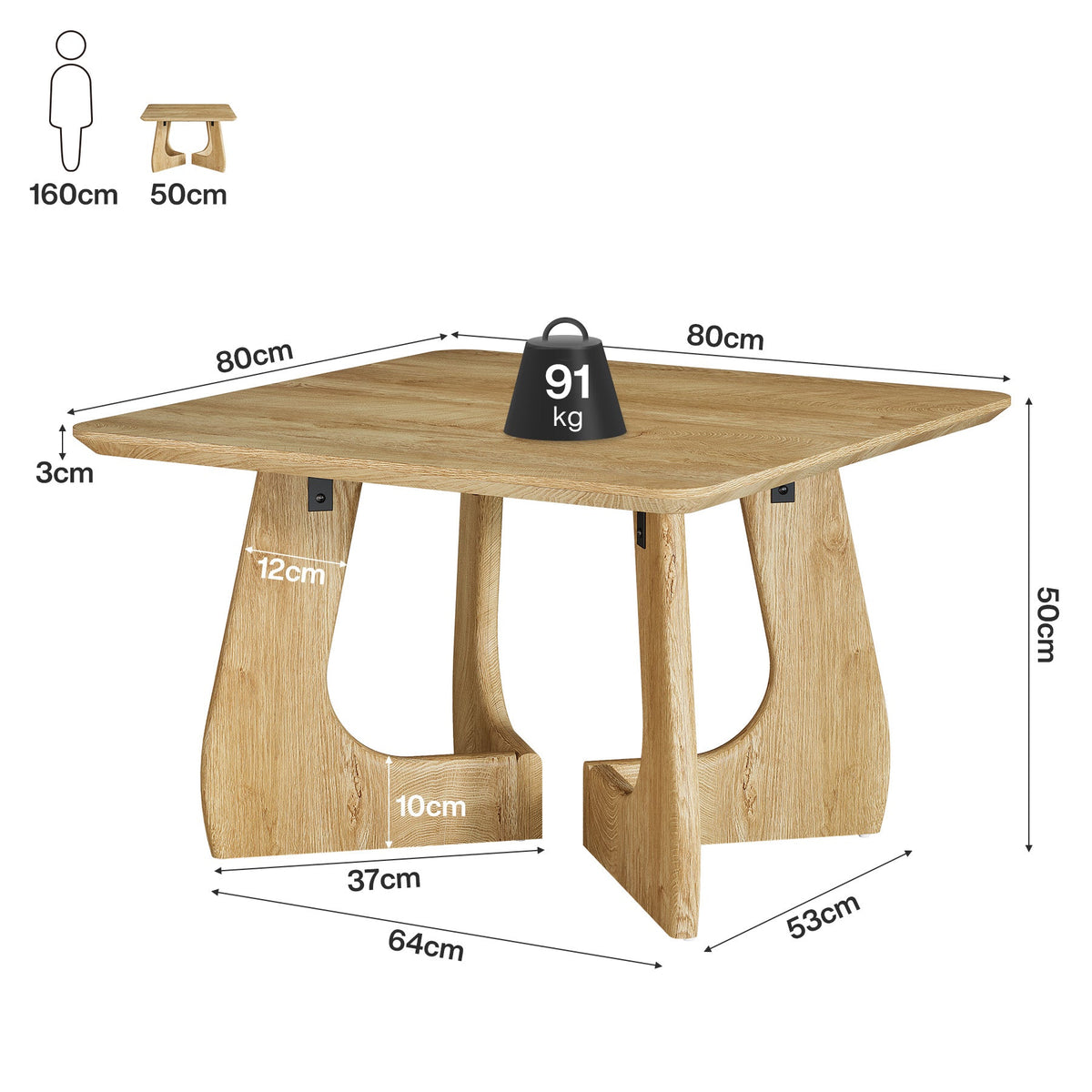 Tribesigns Table basse carrée 80 cm, Table de salon moderne avec piètement sculptural en bois