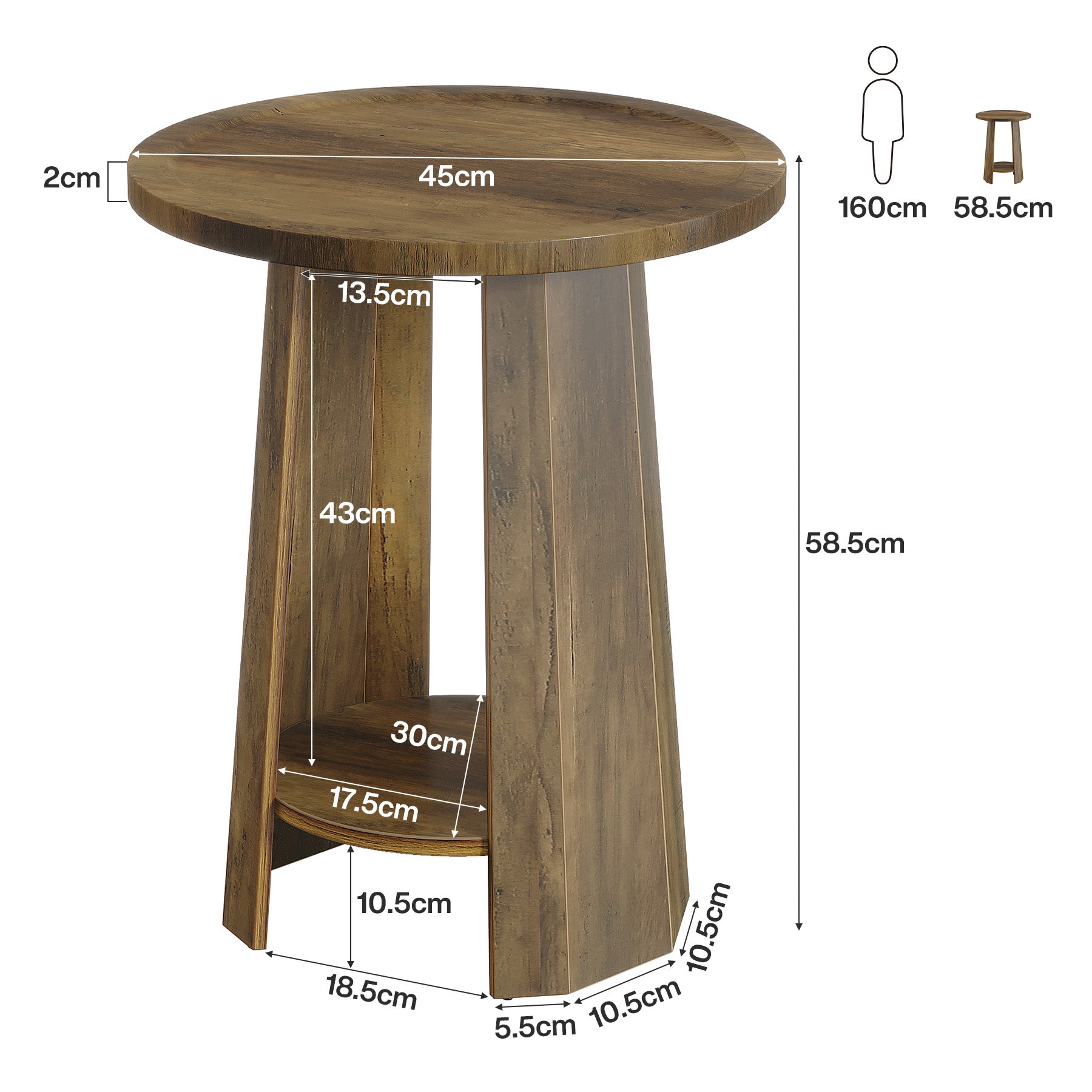 Tribeigns Table d'appoint ronde de 45 cm avec compartiment de rangement, Table de chevet gain de place