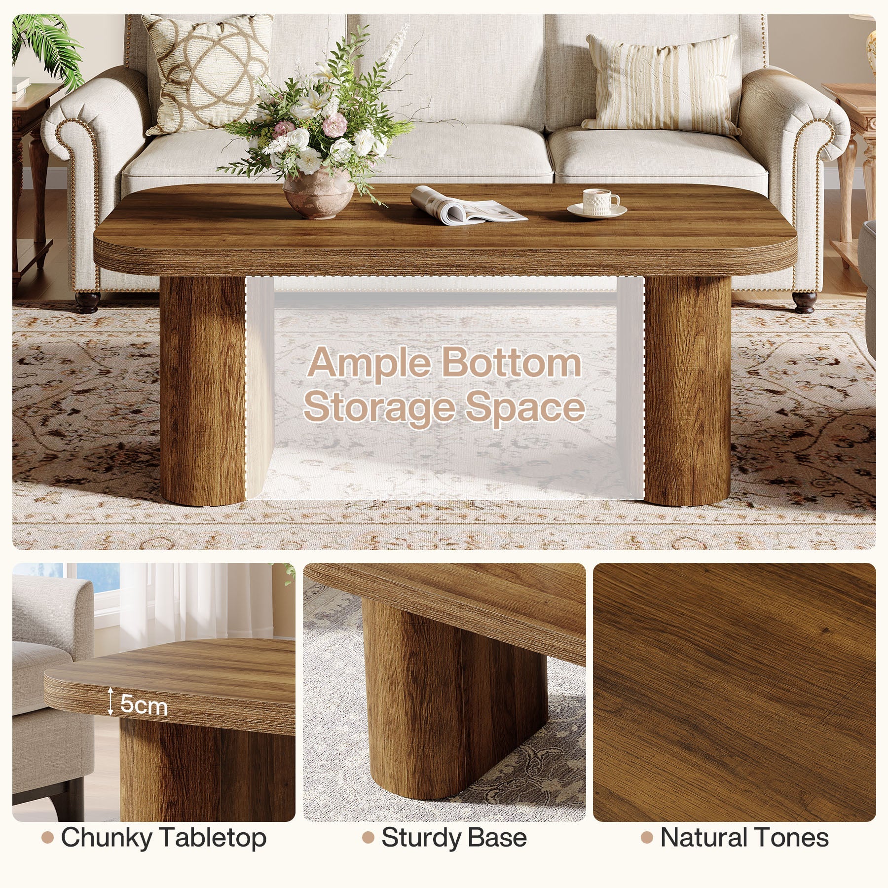 Table basse moderne de 120 cm, Table de salon robuste de style champêtre