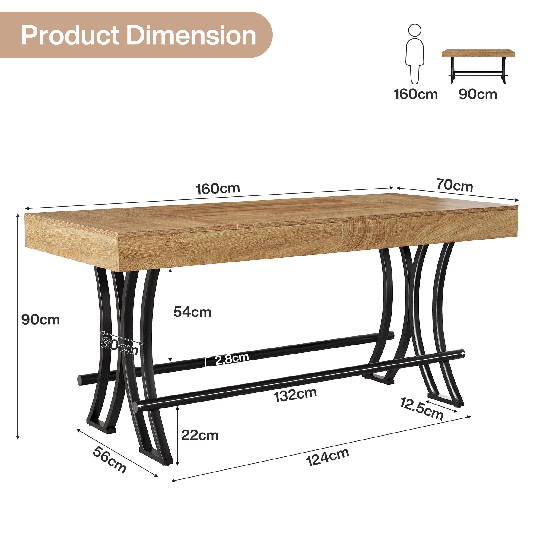 Tribesigns Table de bar et pub rectangulaire de 160 cm de haut avec repose-pieds en métal, Table à manger rectangulaire