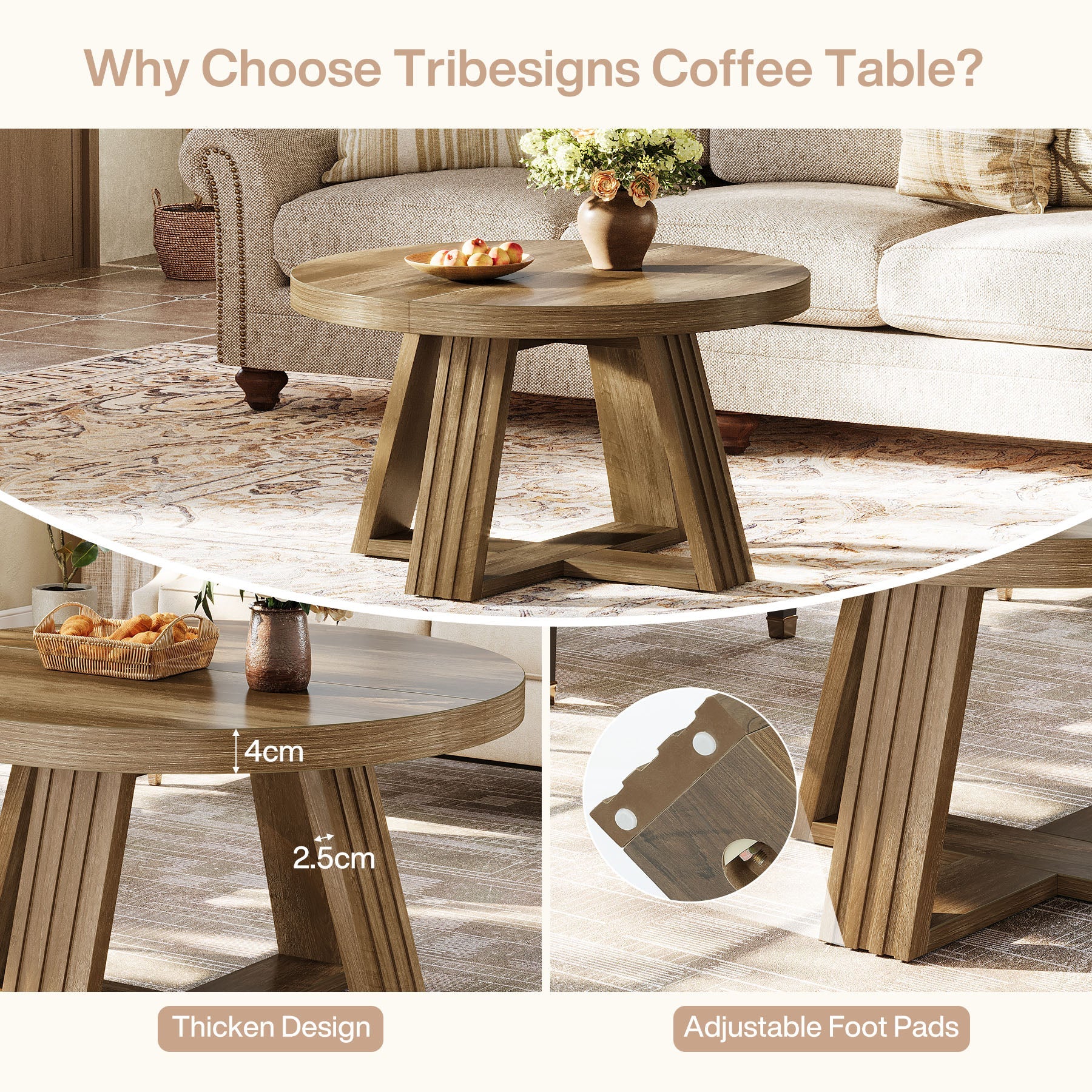 Tribesigns Table basse ronde 80 cm, Style champêtre table de salon avec motif bois et structure en croix