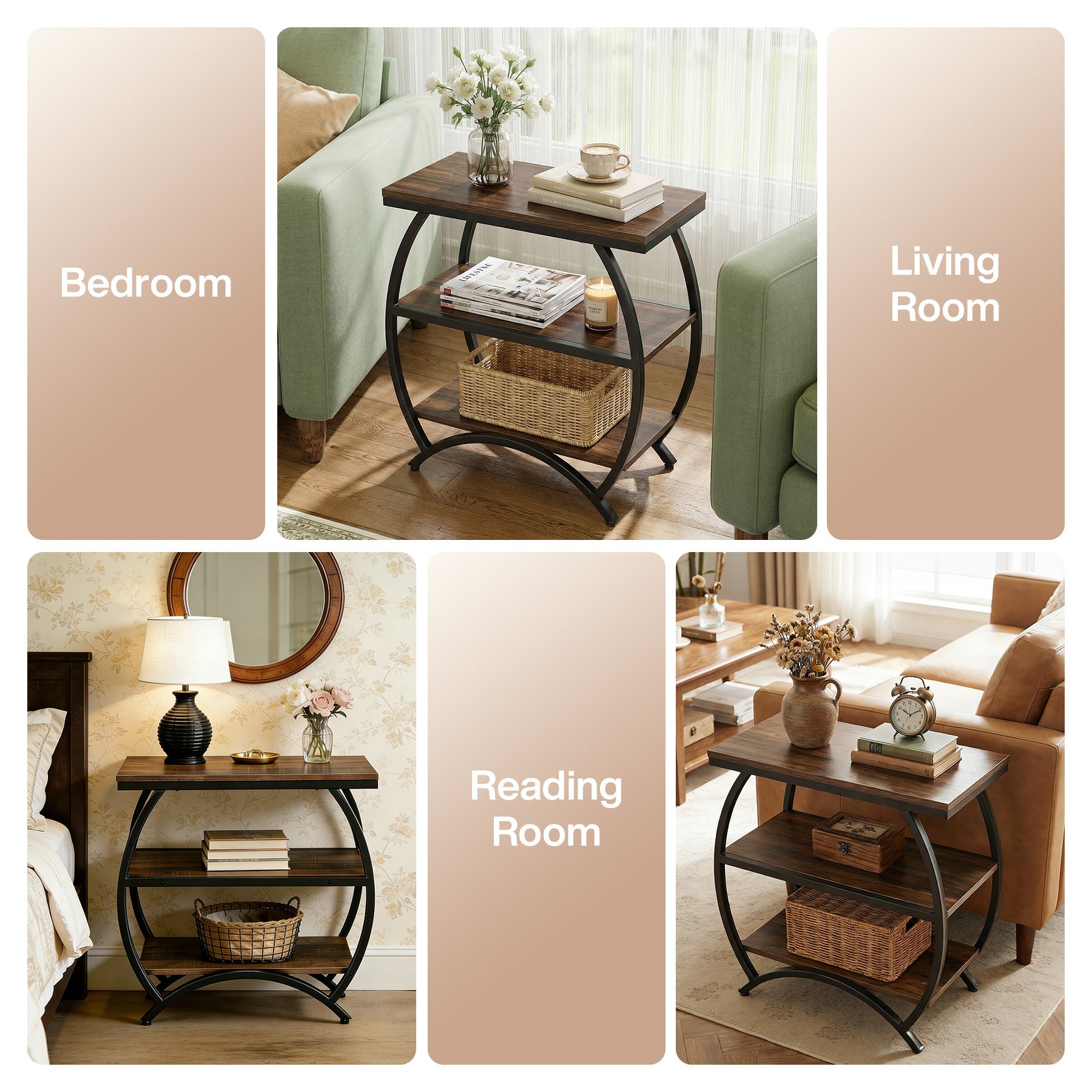 Tribesigns Table d'appoint étroite de 60 cm avec 3 niveaux de rangement, Table de chevet industrielle pour salon ou chambre