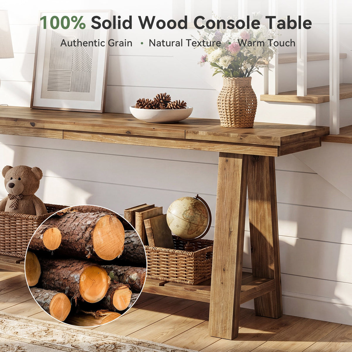 Tribesigns Table console en bois massif de 200 cm, Table d'entrée étroite avec 2 étagères