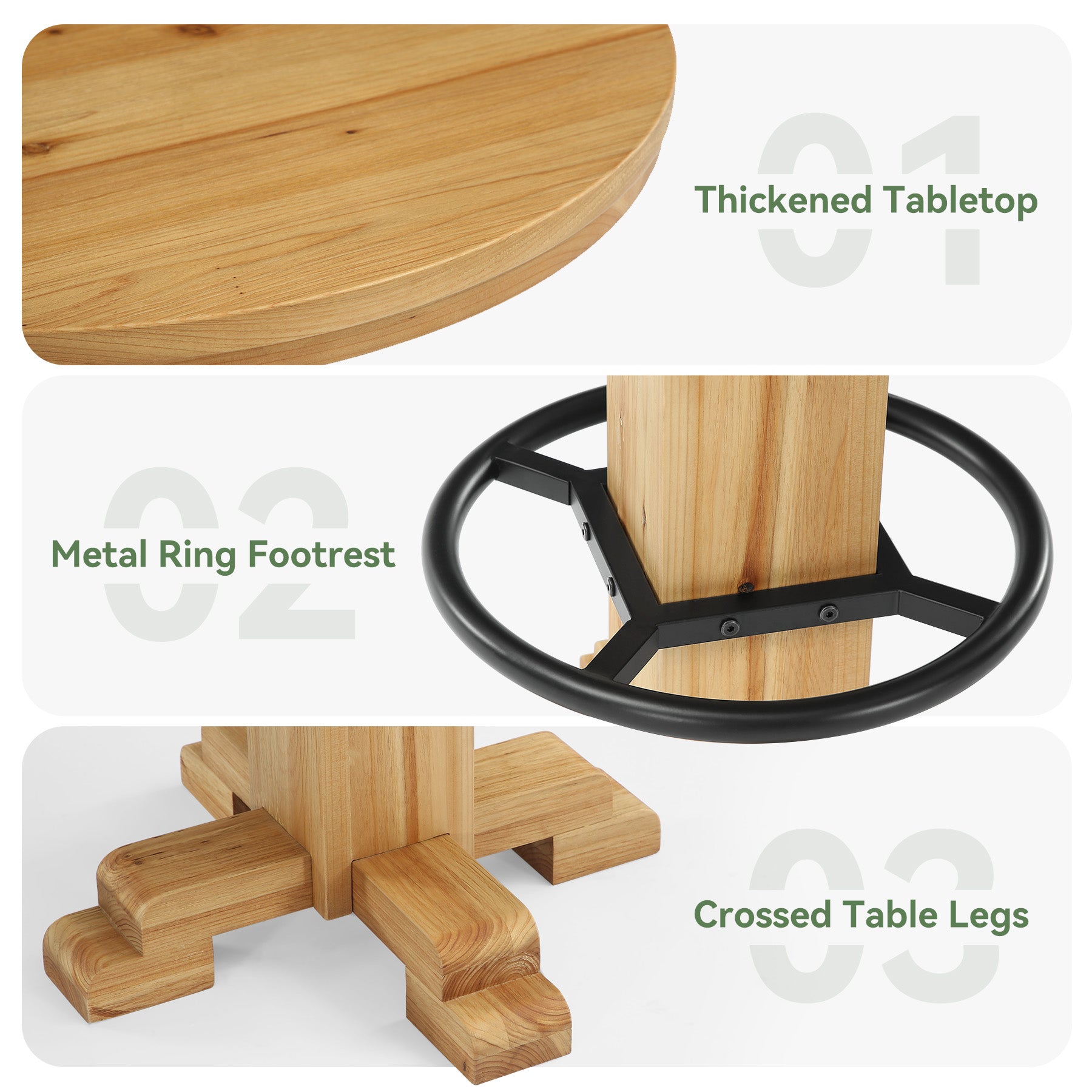 Table de bar ronde en bois massif, Table de bistrot de 95 cm de haut avec repose-pieds en métal
