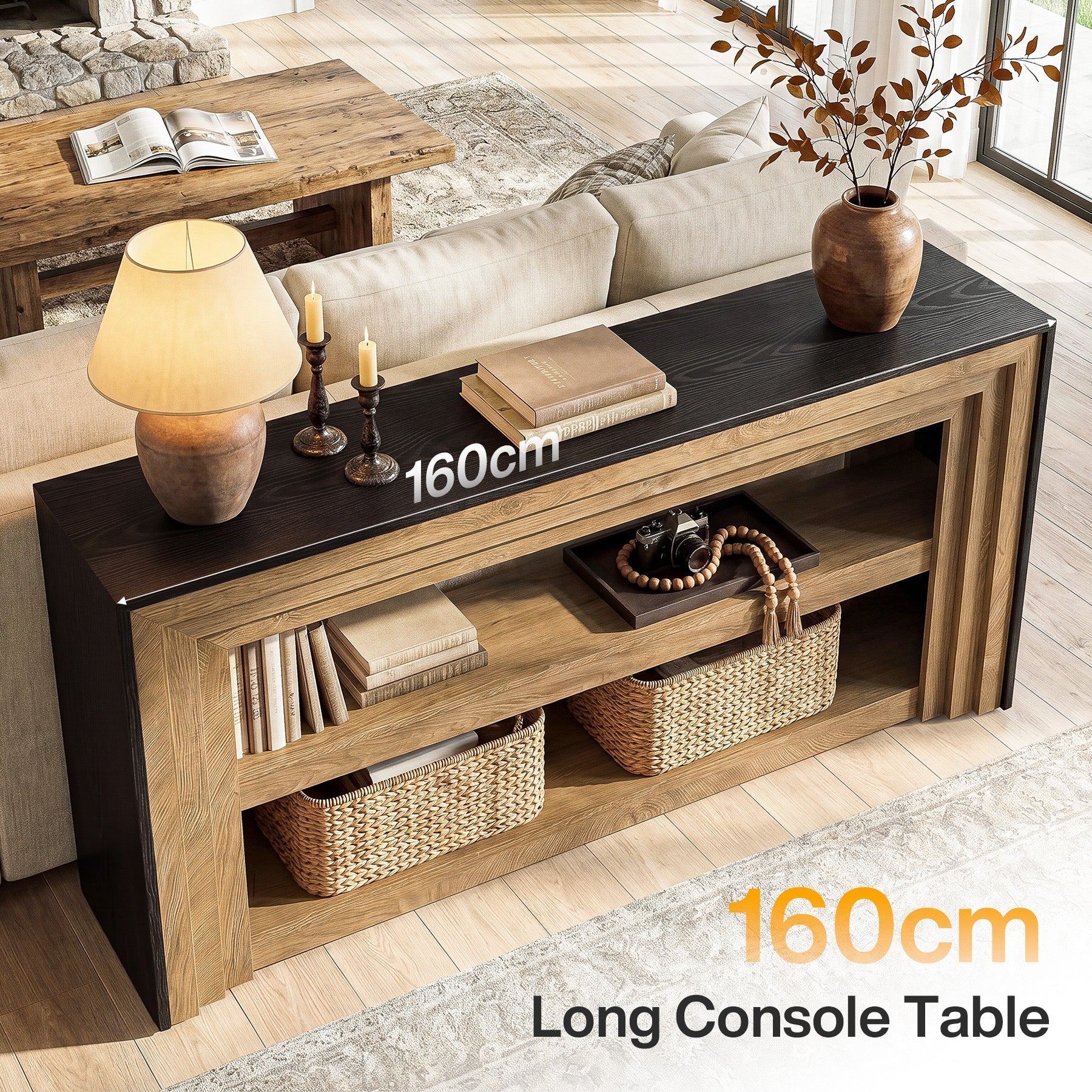 Tribesigns Console de 160 cm de style campagnard, Table d'entrée étroite à 3 niveaux et étagères ouvertes