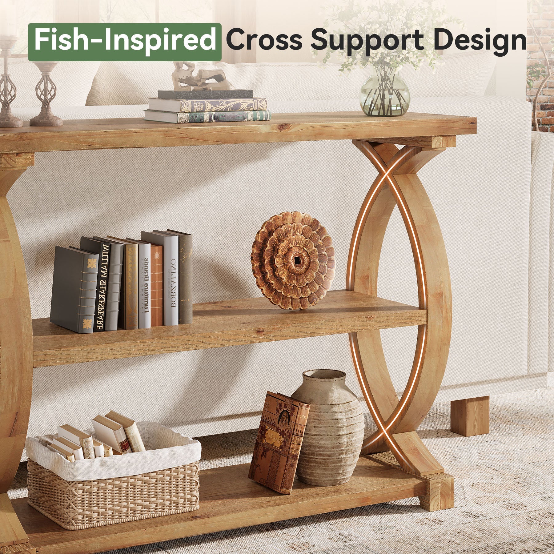 Tribesigns Console en bois massif de 105 cm, Table d'appoint étroite avec 3 étagères et un design en forme de queue de poisson sur les côtés