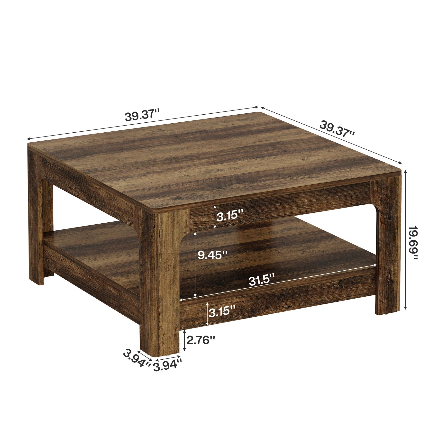 Tribesigns salontafel van 100 cm met opbergplank, grote vierkante woonkamertafel in landelijke stijl