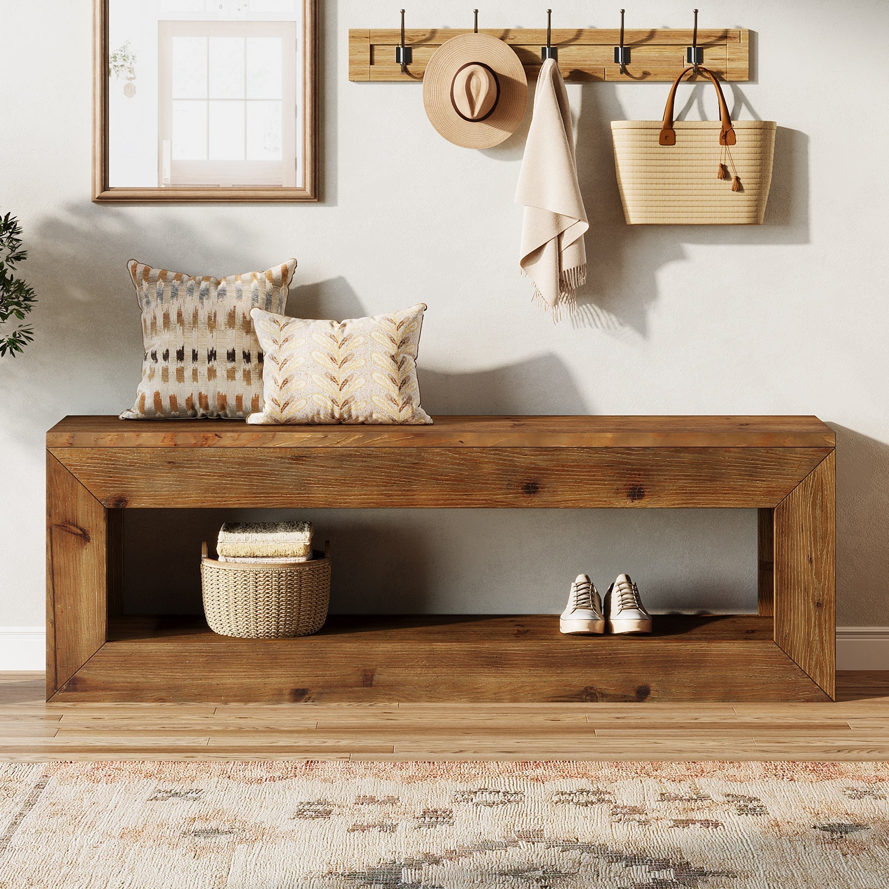 Banc d'entrée en bois massif de 120 cm avec étagère de rangement style rustique