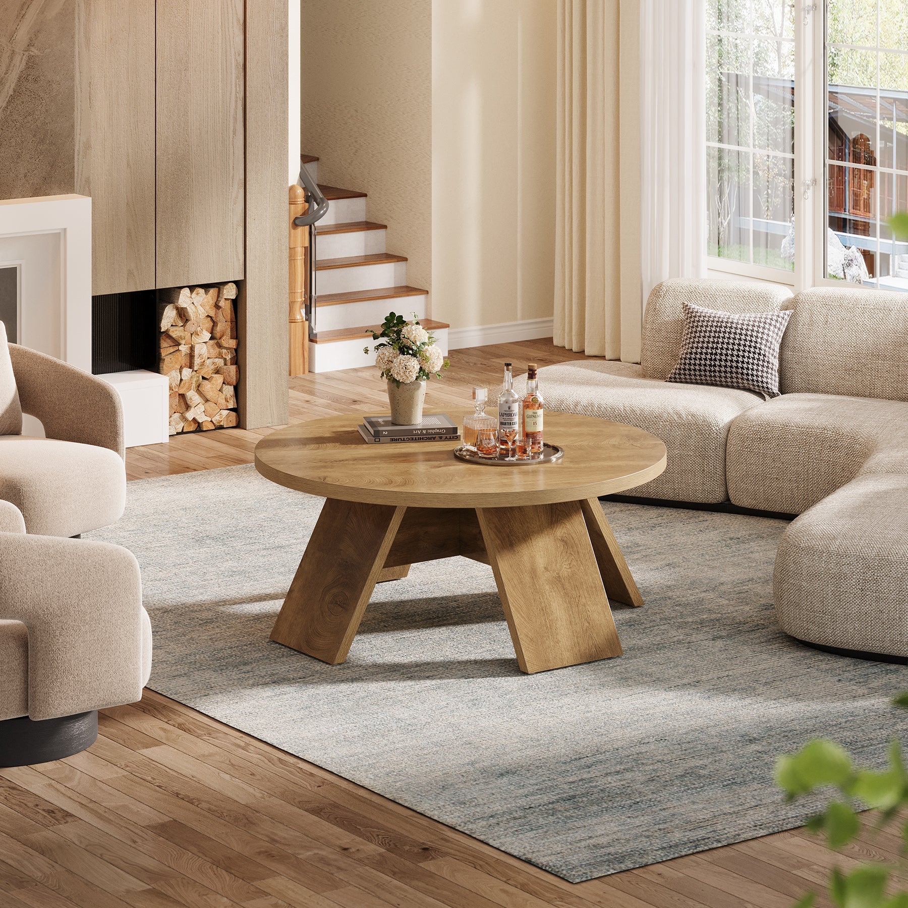 Tribesigns Table basse ronde en bois de 100 cm avec pieds évasés, Table d'appoint moderne pour salon