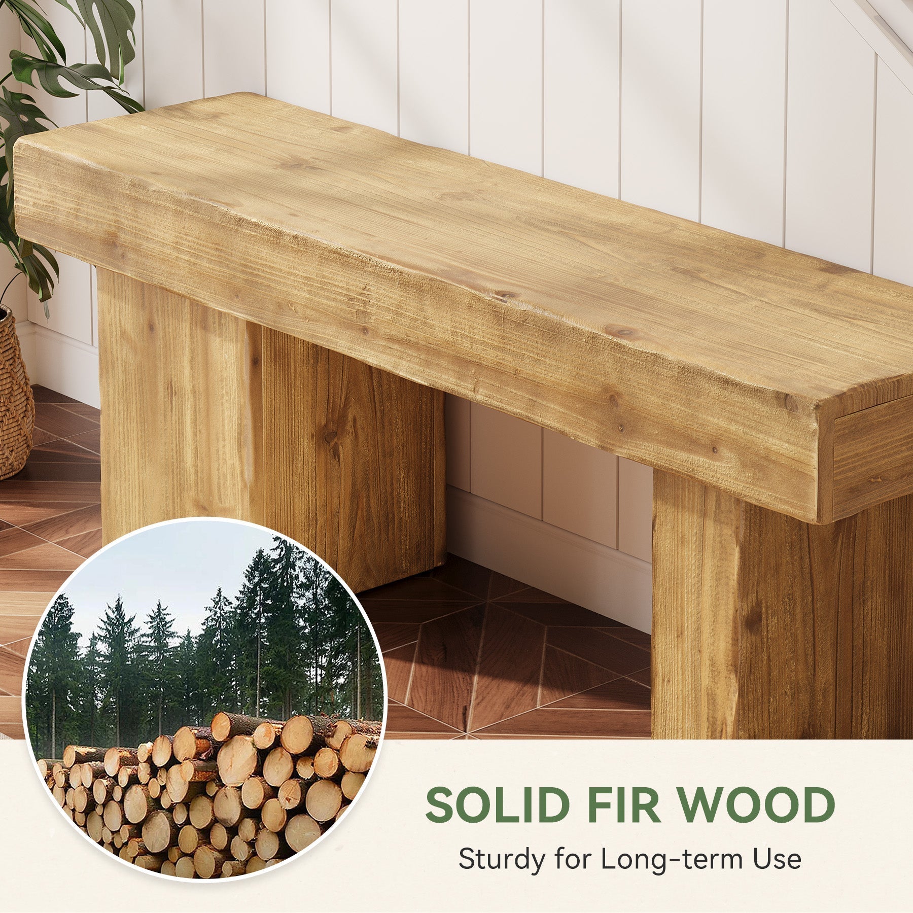 Banc d'entrée en bois massif de 119 cm, Style rustique avec assise épaisse