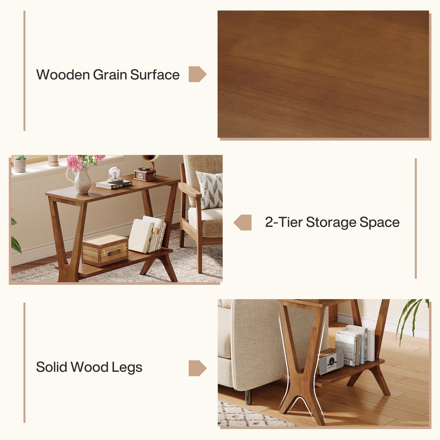Tribesigns Table d'appoint en bois massif avec 2 étagères, Table de chevet étroite pour salon et chambre