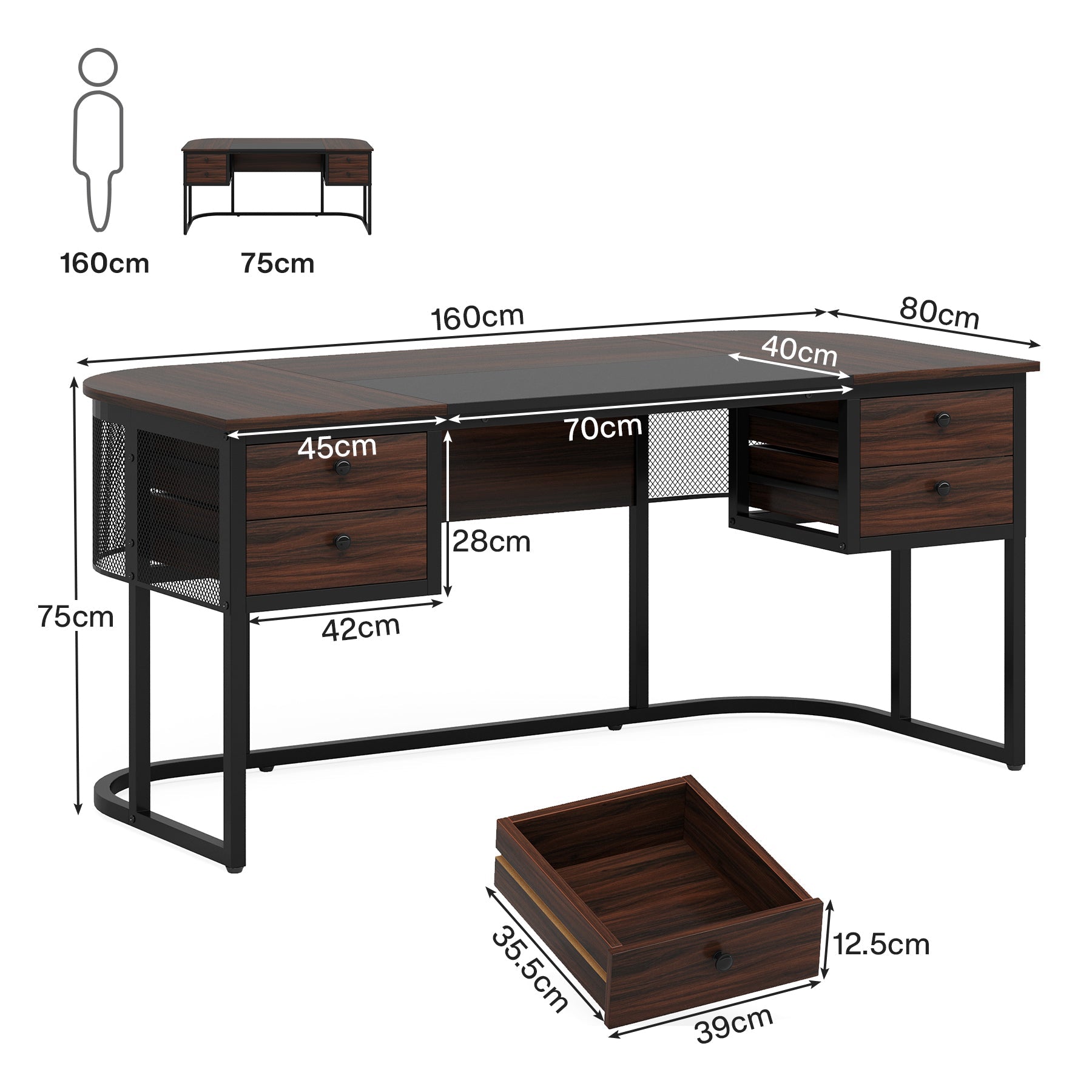 Tribesigns Bureau exécutif 160 cm, Bureau avec 4 tiroirs