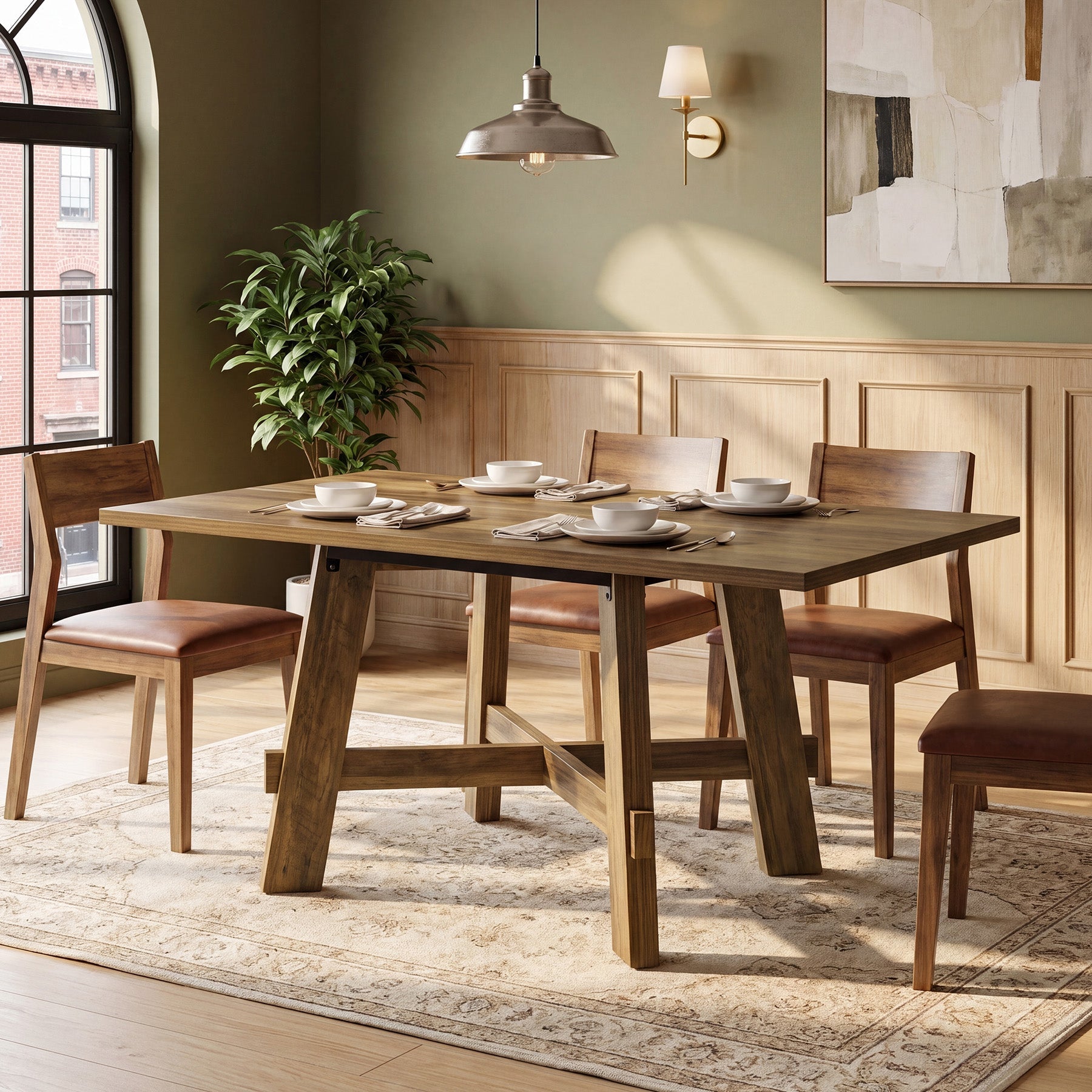 Tribesigns Table de salle à manger rustique de 140 cm pour 4 personnes avec traverse, Table de cuisine en bois pour appartement et salle à manger