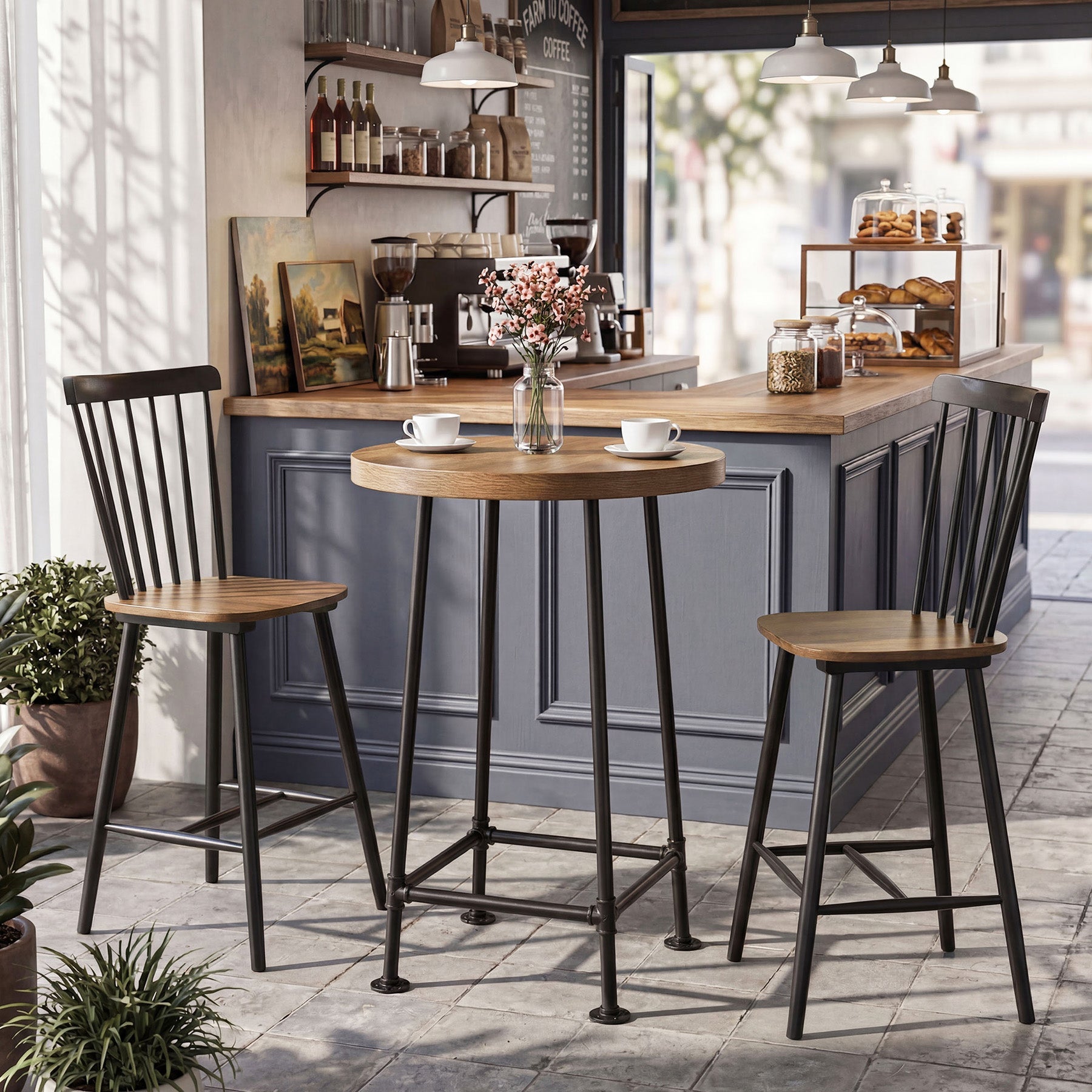 Tribesigns Table de bar ronde de 95 cm avec repose-pieds en métal, Table haute de style industriel pour cuisine et bistro (table seule)