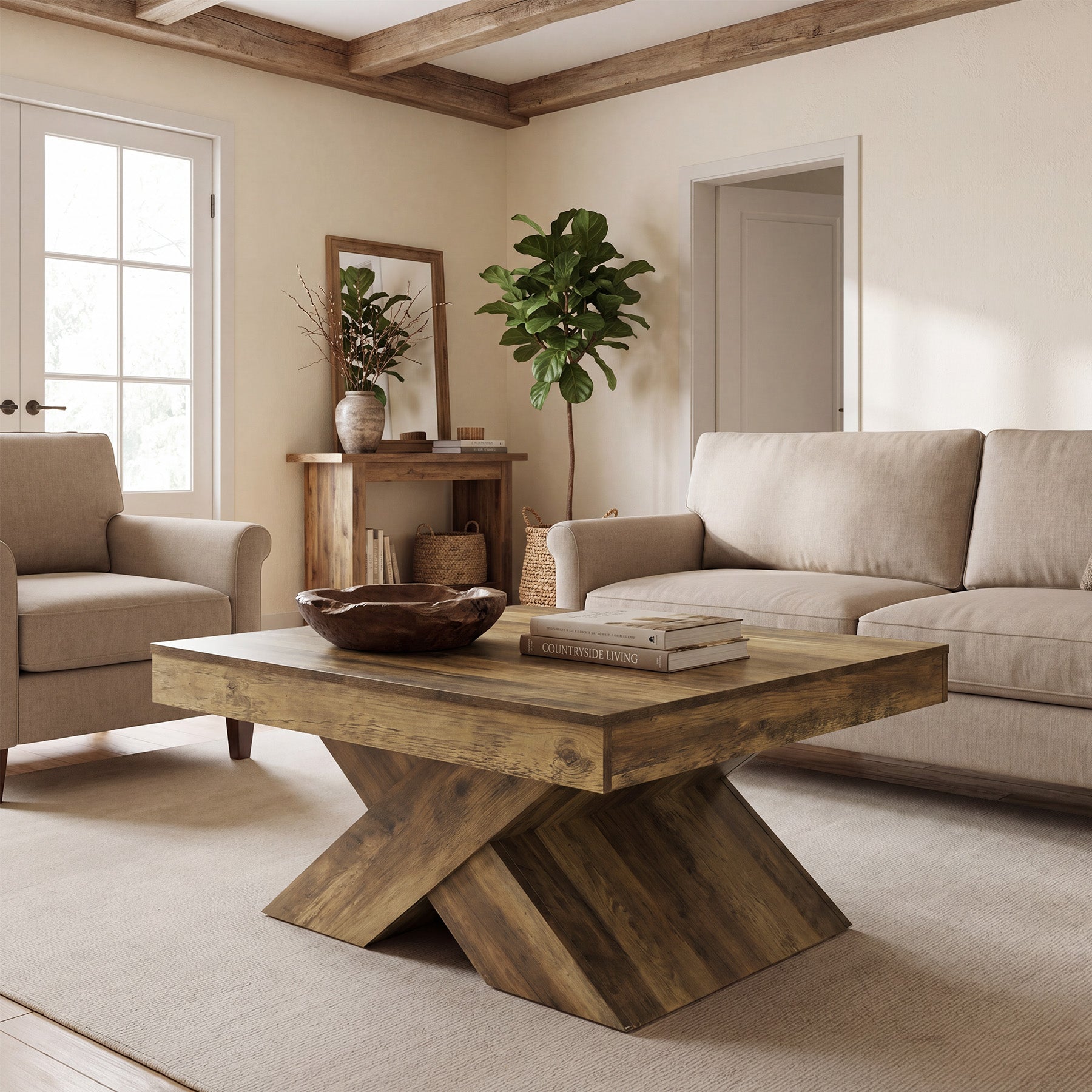 Table basse carrée 80 x 80 cm, Table de ferme en bois avec piètement en X pour salon et petits espaces