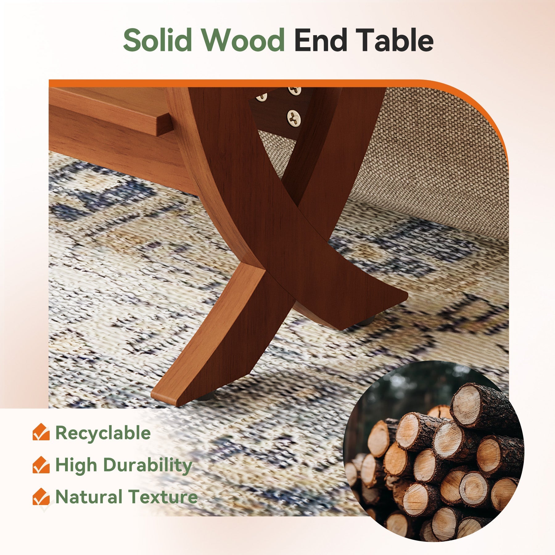 Table d'appoint en bois massif avec étagère, Table de chevet étroite à cadre arqué