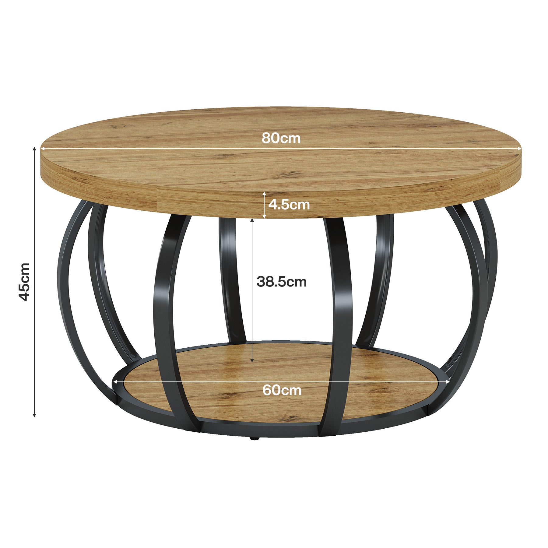 Tribesigns Table basse ronde, Table basse industrielle à 2 niveaux avec étagères de rangement