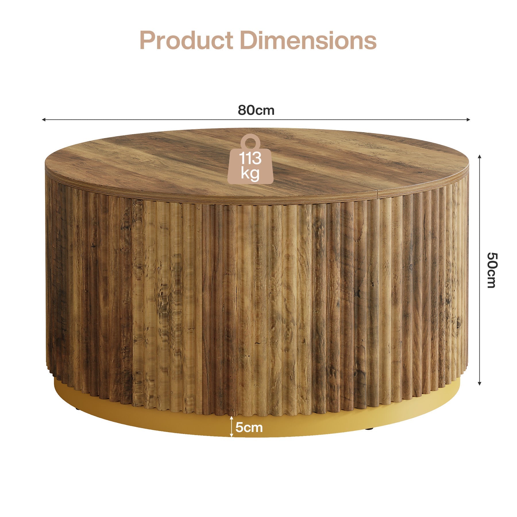 Tribesigns Table basse ronde de 80 cm de diamètre design côtelé, Table de salon avec piètement cylindrique stable