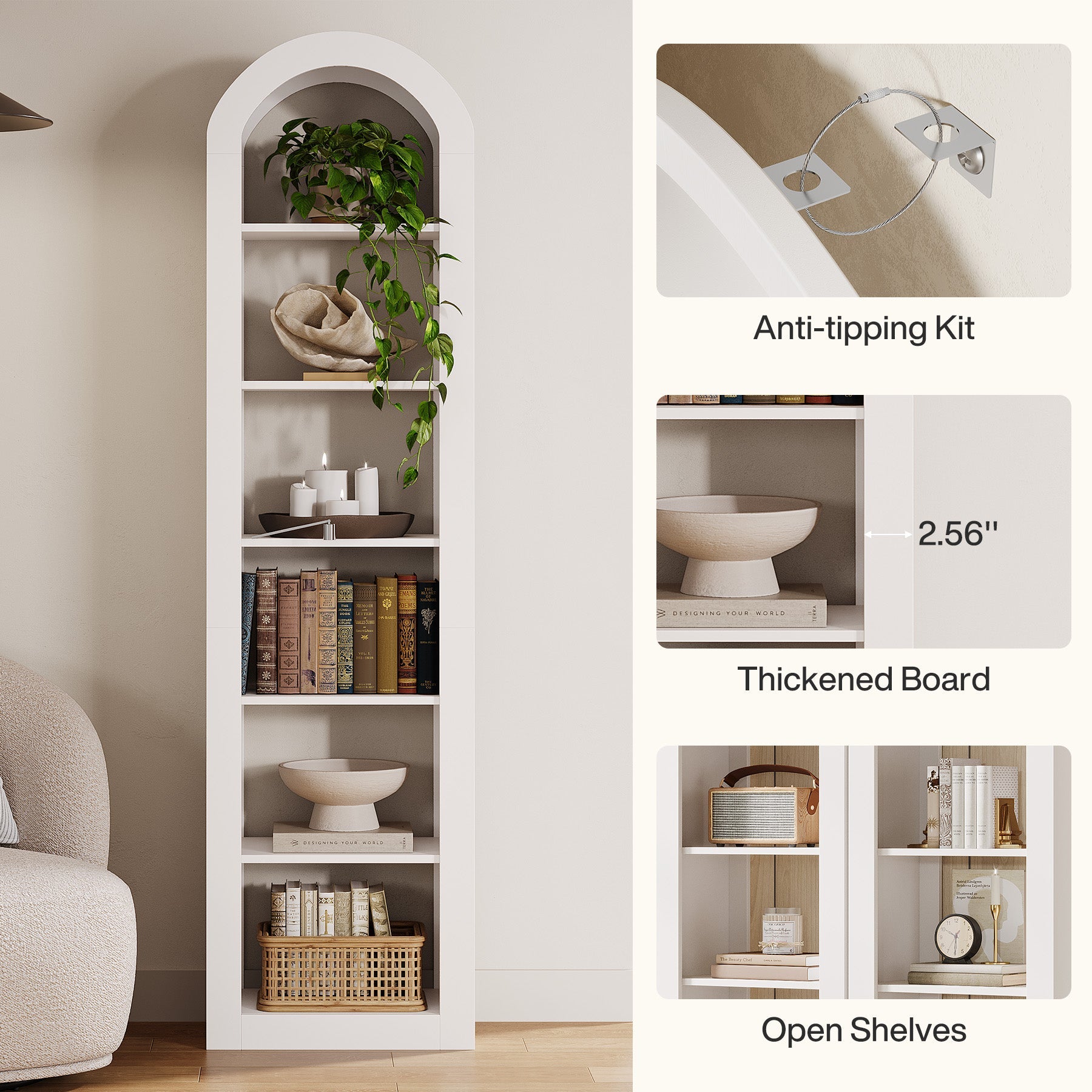 Tribesigns Bibliothèque haute de 190 cm de haut de forme arquée avec étagère étroite à 6 niveaux autoportante