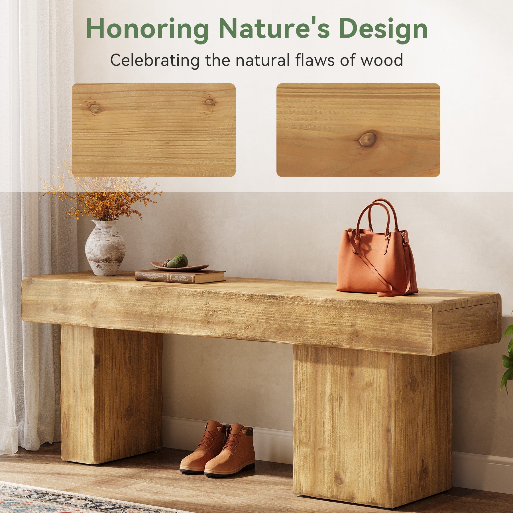 Banc d'entrée en bois massif de 119 cm, Style rustique avec assise épaisse