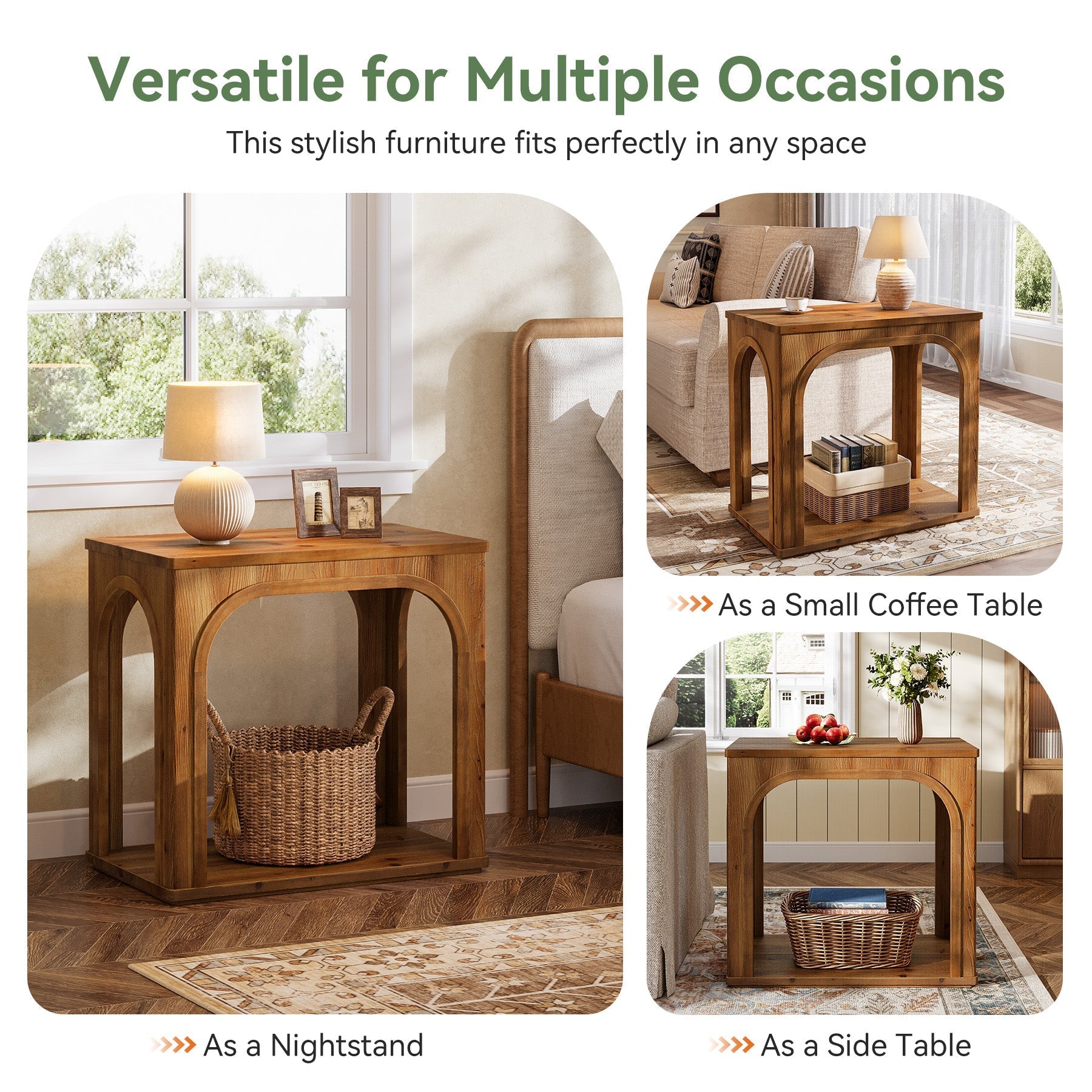 Table d'appoint rustique en bois massif de 64 cm avec 2 étagères