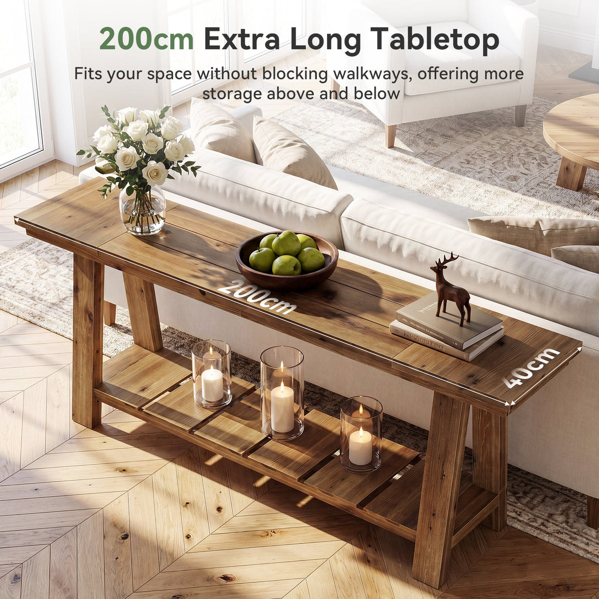 Tribesigns Table console en bois massif de 200 cm, Table d'entrée étroite avec 2 étagères